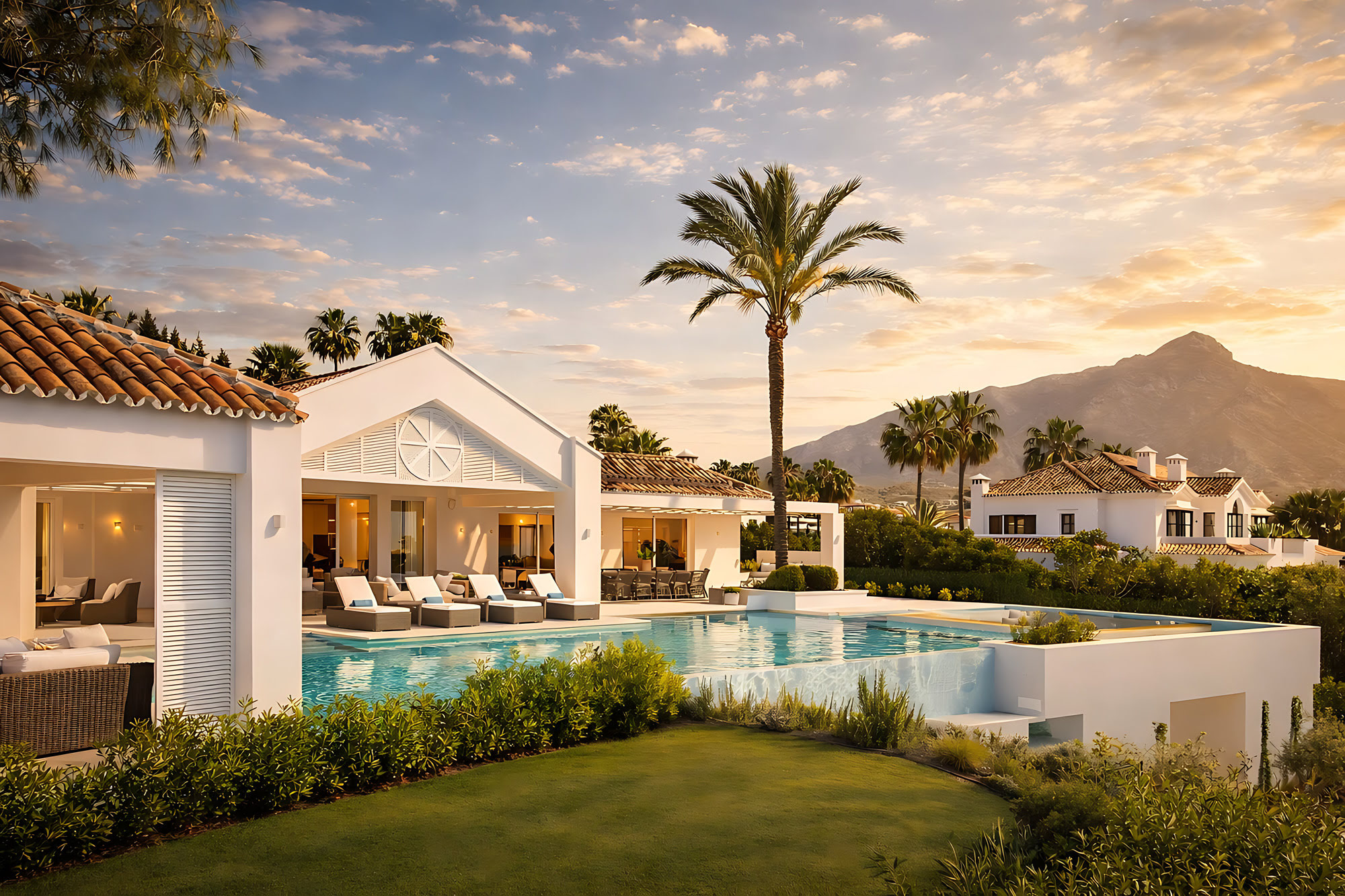 Daylight exterior of Villa Adriana with Andalusian-inspired façade, garden lawn, swimming pool and La Concha mountain backdrop in Marbella