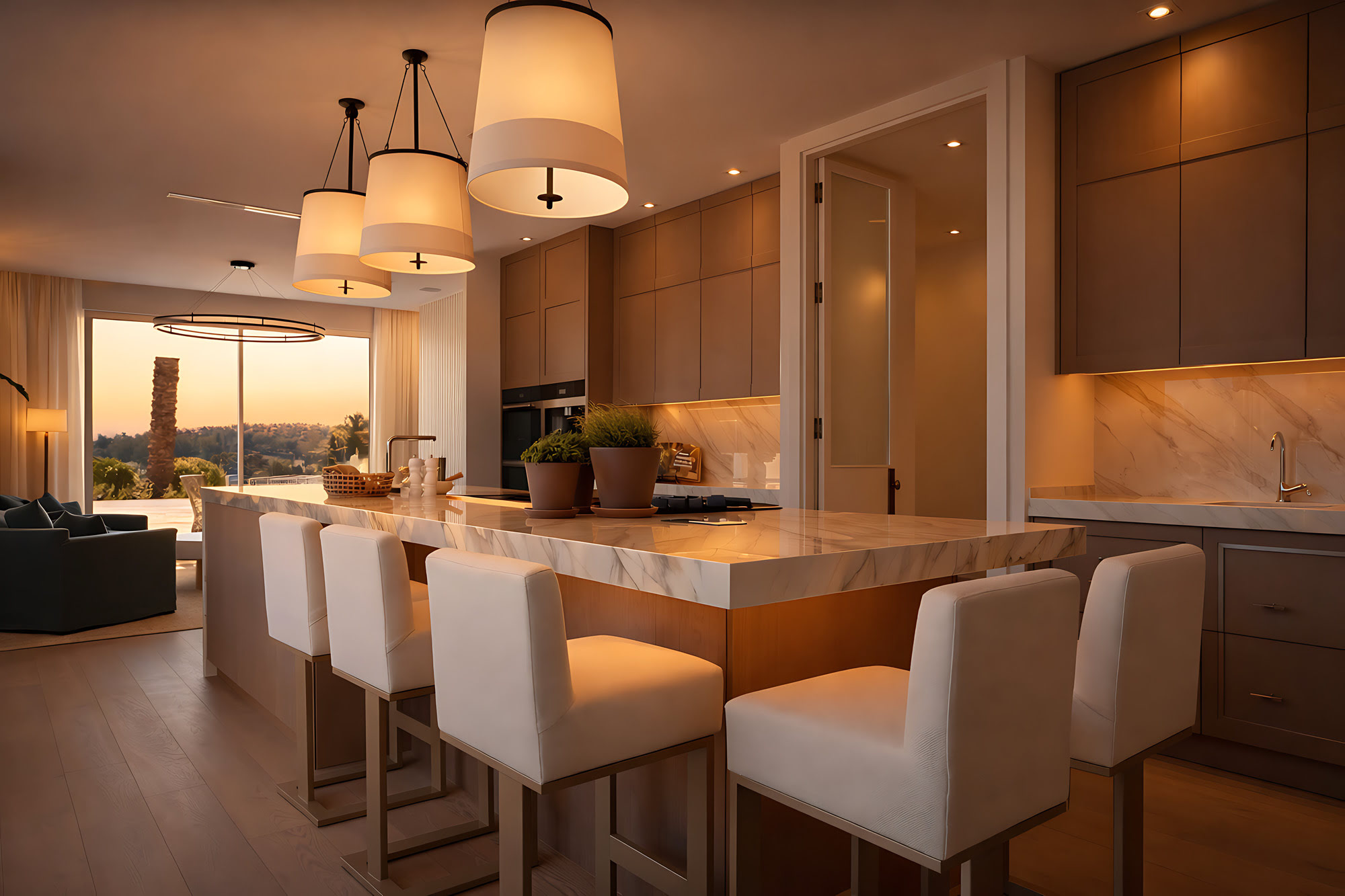 Kitchen and dining area at Villa Adriana with custom joinery, warm lighting and open-plan family living