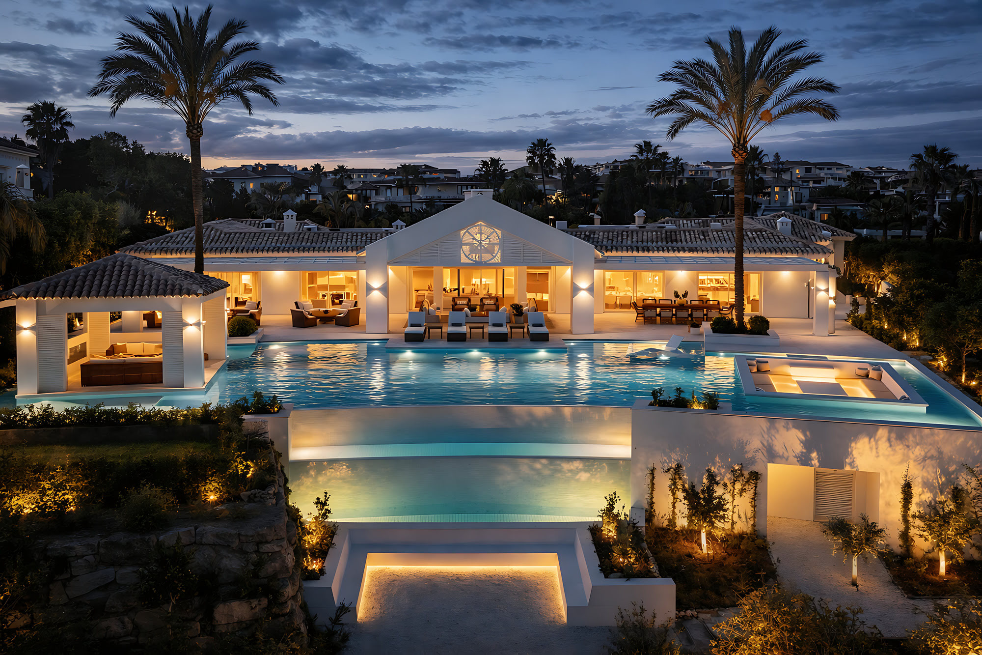 Night aerial master view of Villa Adriana showing illuminated pool, terraces and overall residential composition in La Cerquilla