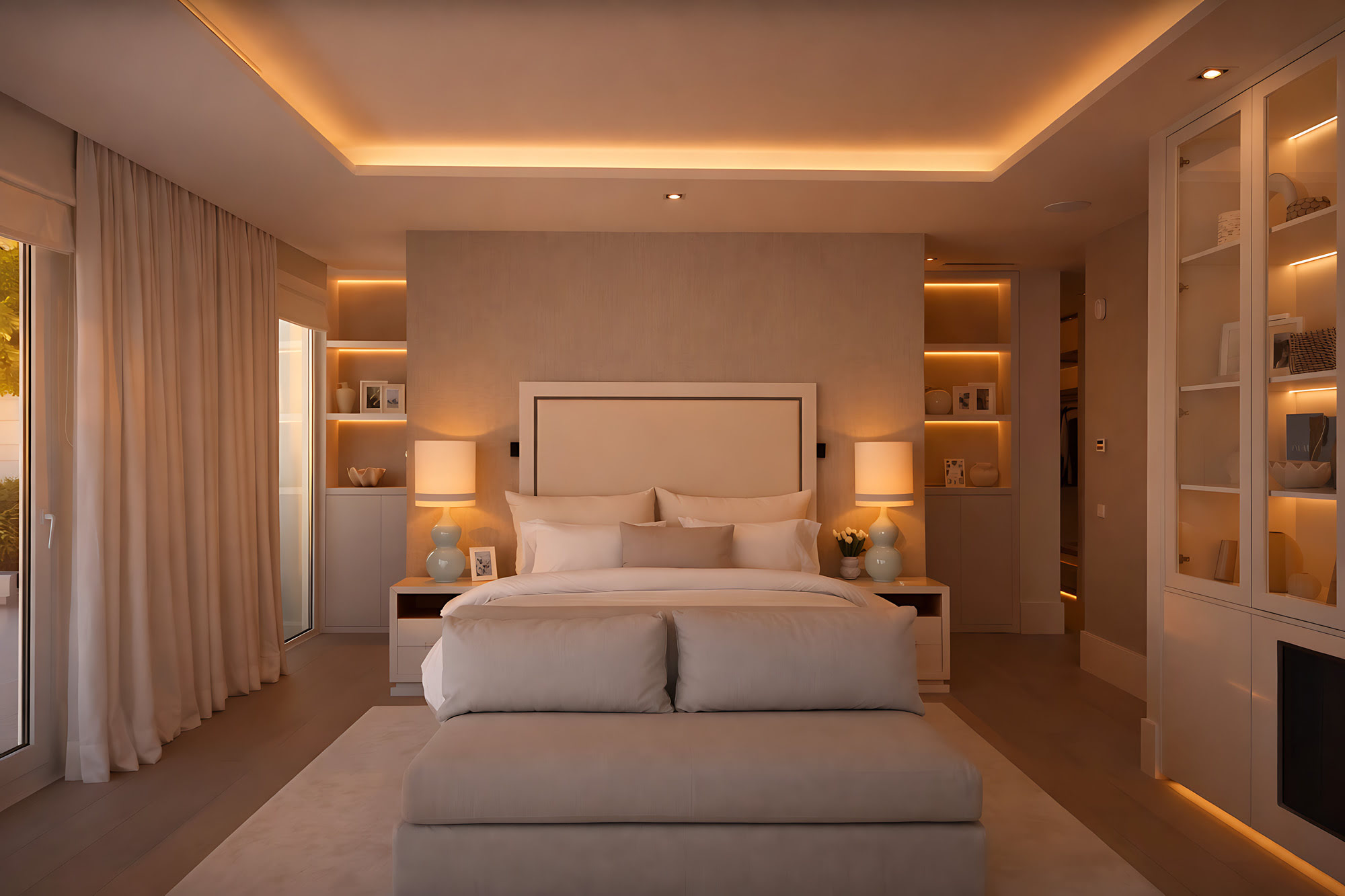 Primary bedroom at Villa Adriana with integrated lighting, bespoke joinery and serene neutral material palette