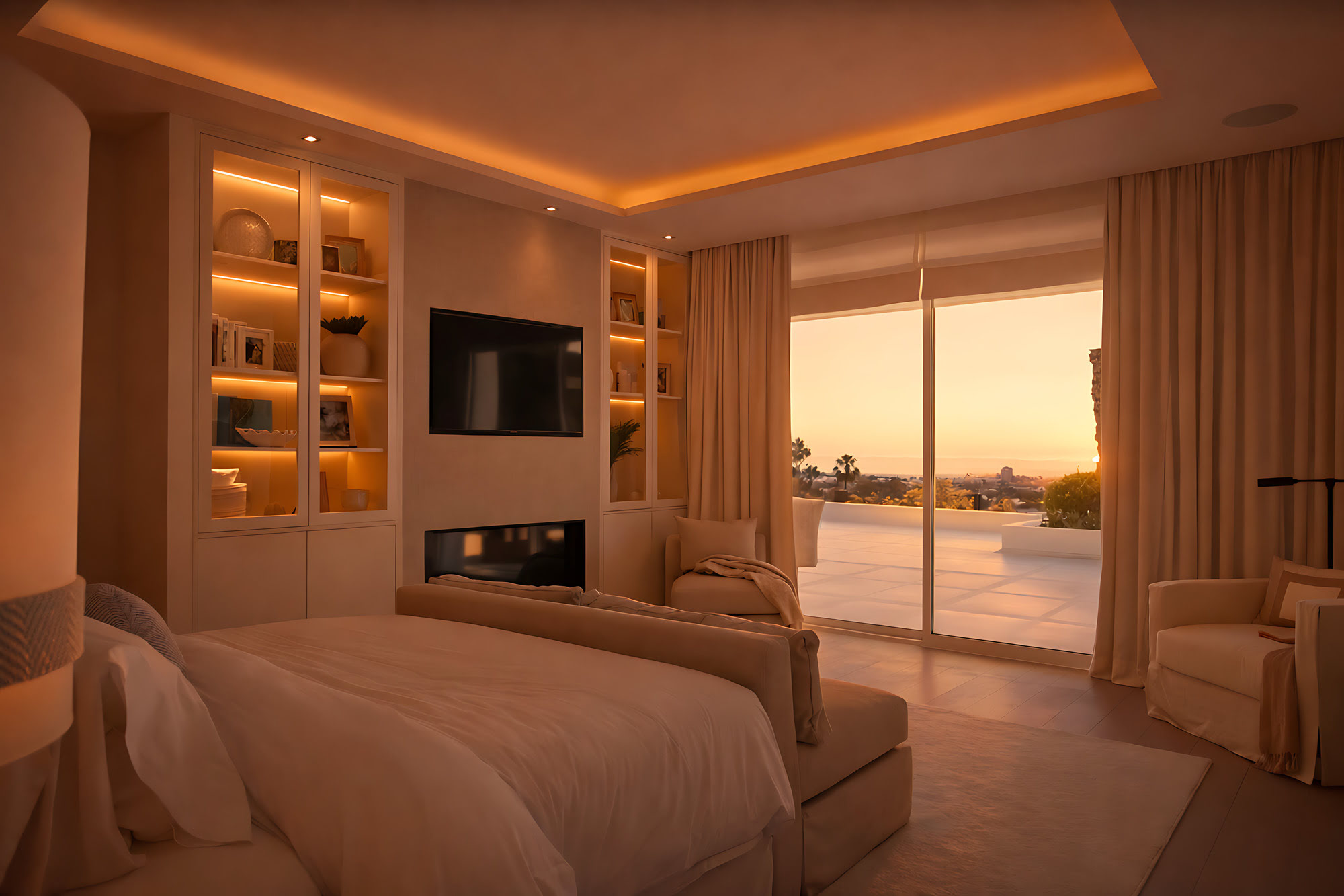 Bedroom suite with terrace outlook, warm ceiling lighting and elegant built-in shelving at Villa Adriana