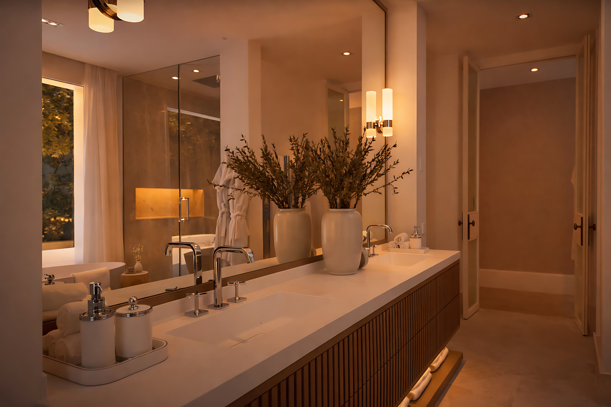 Bathroom vanity with mirror lighting, natural textures and refined detail in Villa Adriana, Marbella