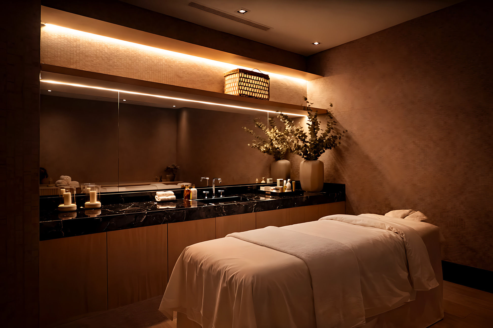 Massage and treatment room at Villa Adriana with calm materials, concealed lighting and a wellness-focused atmosphere