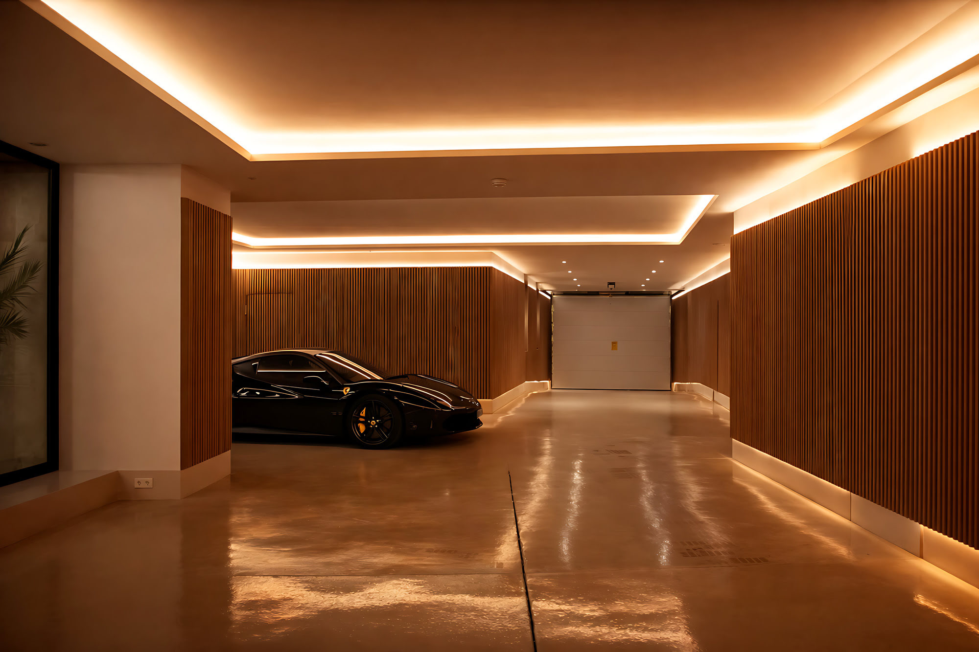 Lower-level garage space with polished floor, integrated lighting and premium residential arrival sequence at Villa Adriana