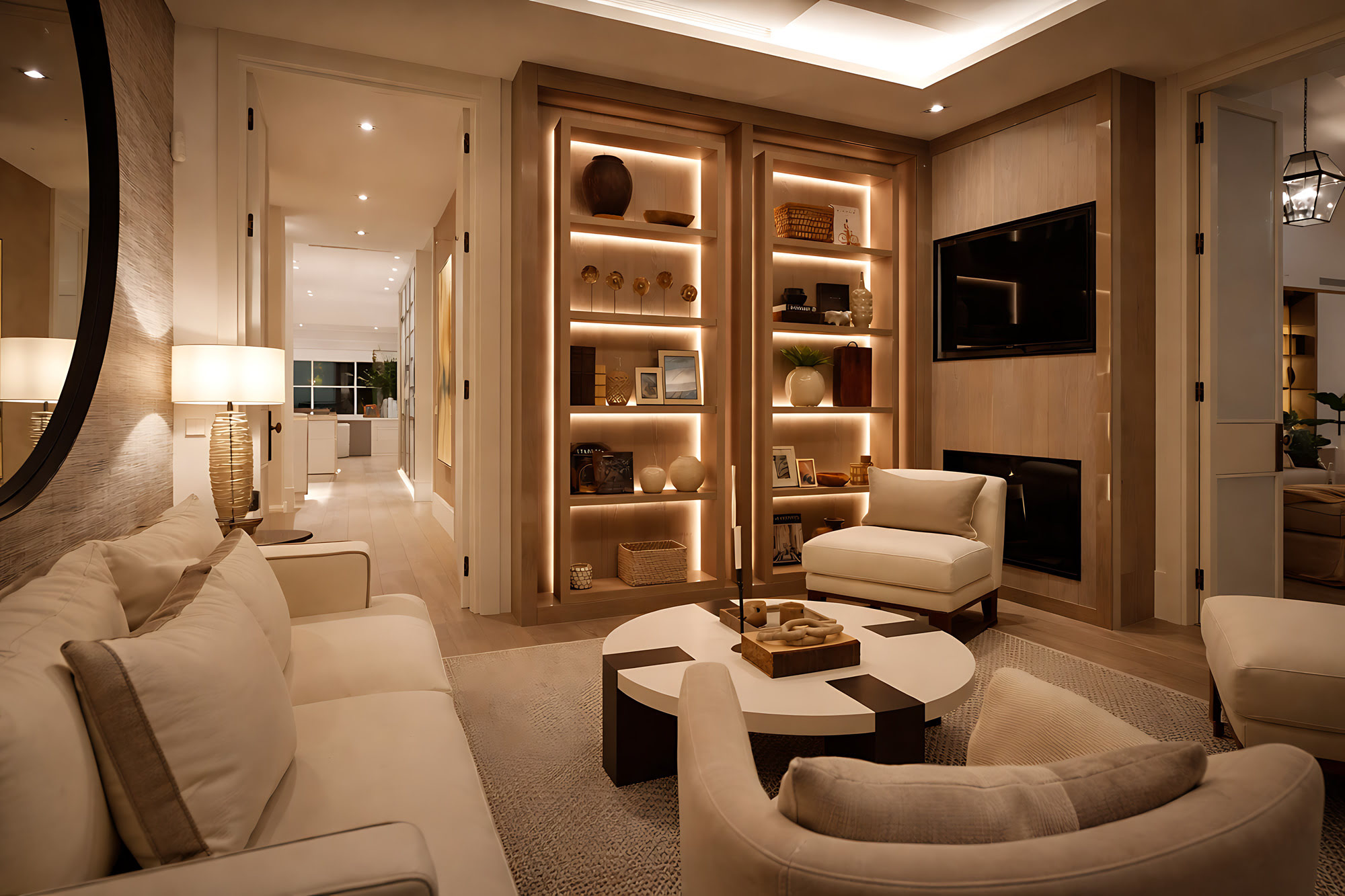 Private cinema and lounge space at Villa Adriana with bespoke shelving, warm tones and intimate evening atmosphere