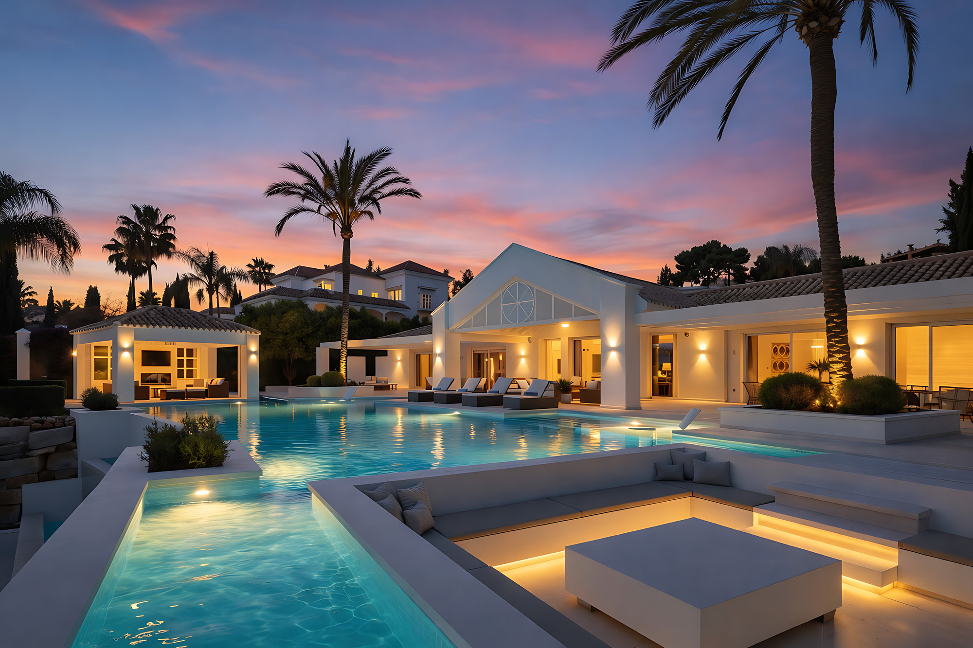 Twilight pool façade of Villa Adriana with illuminated water, palm silhouettes and elegant Mediterranean evening atmosphere