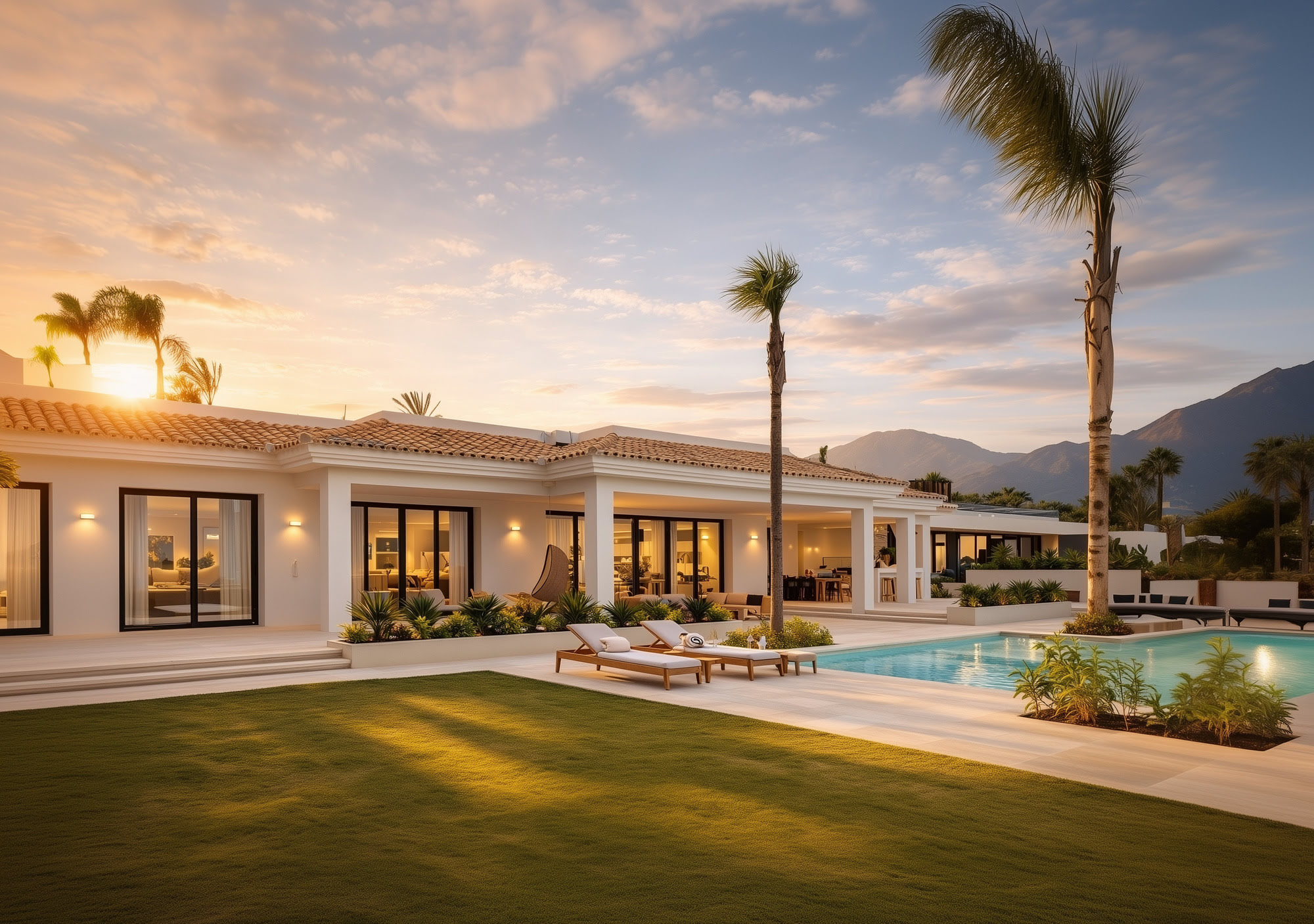 Mediterranean one-level villa with garden and pool at sunset, Villa Africa in La Cerquilla, Nueva Andalucía, Marbella