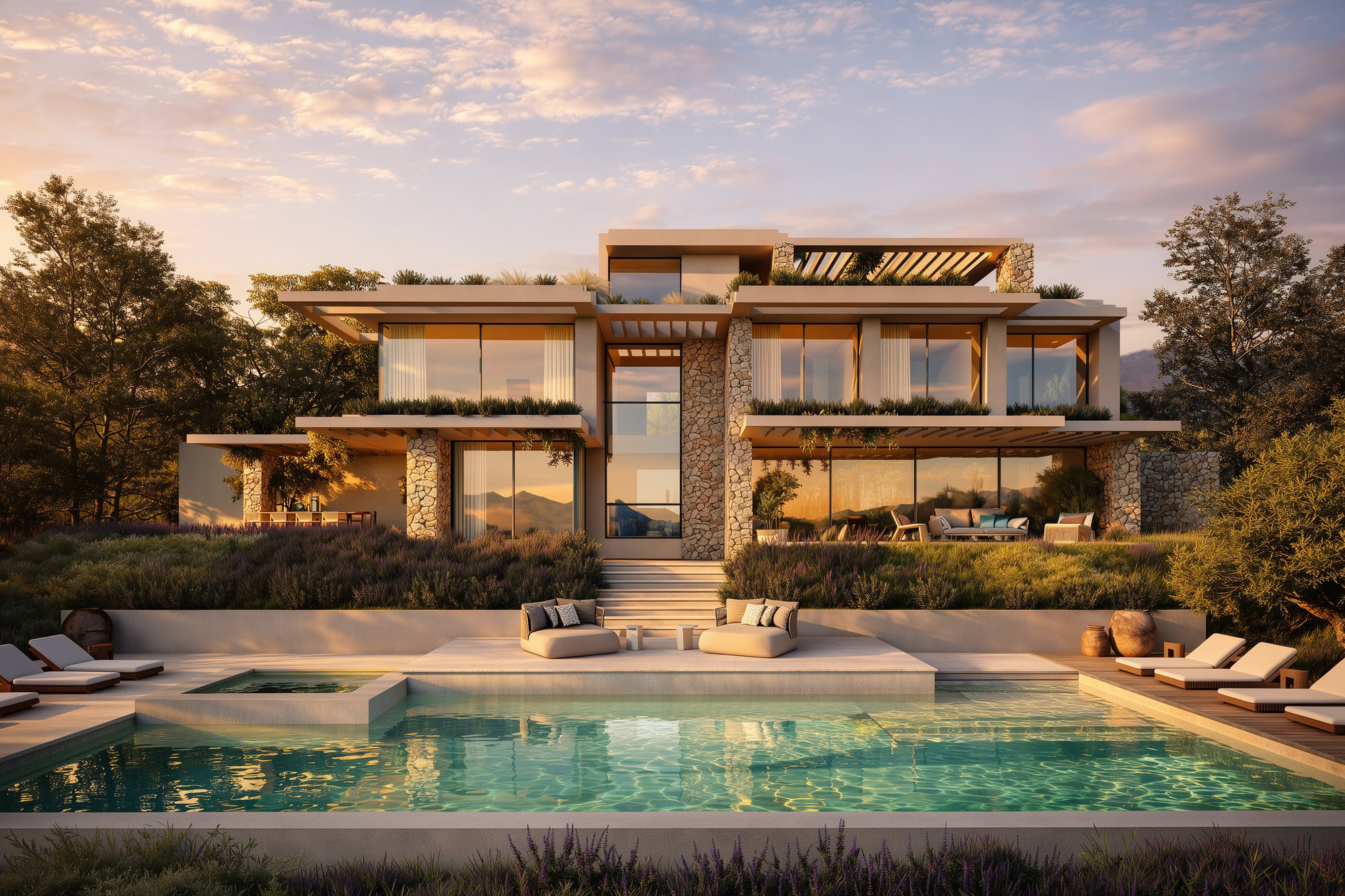 La Alborada pool façade with warm stone cladding, layered terraces and elegant residential proportions in La Zagaleta