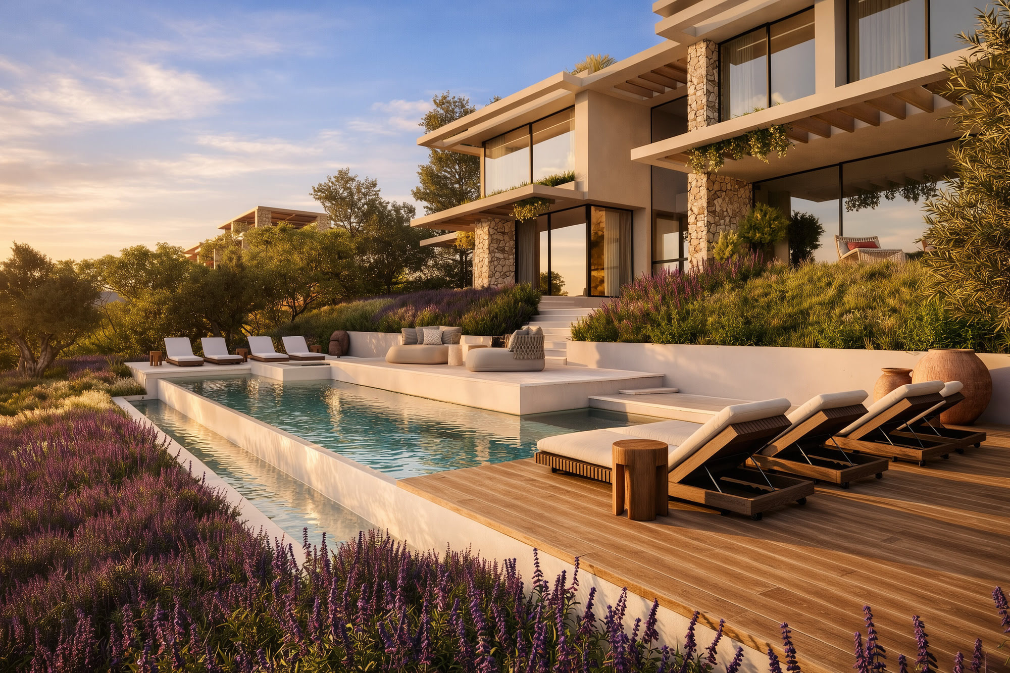 Infinity pool terrace at La Alborada with sun loungers, timber deck and open hillside views in Benahavís