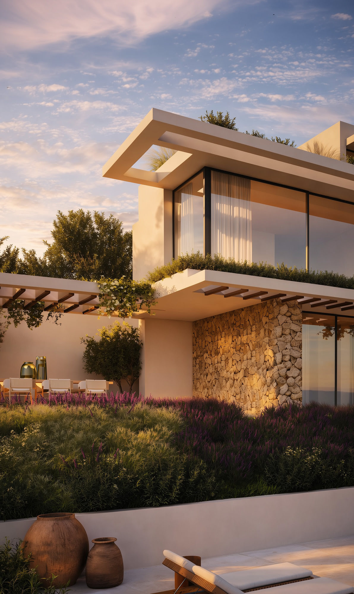 Architectural corner detail of La Alborada with cantilevered upper floor, stone base and landscaped foreground