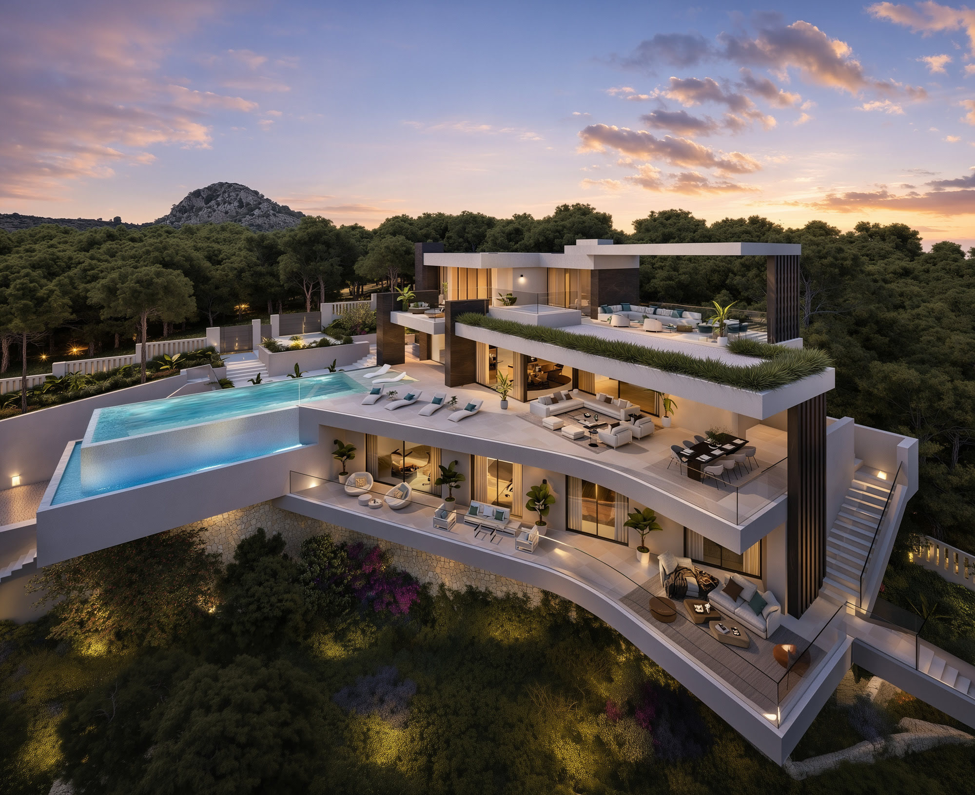 Elevated evening perspective of Villa Alegría with cascading architecture, infinity pool and panoramic views in La Zagaleta Benahavís