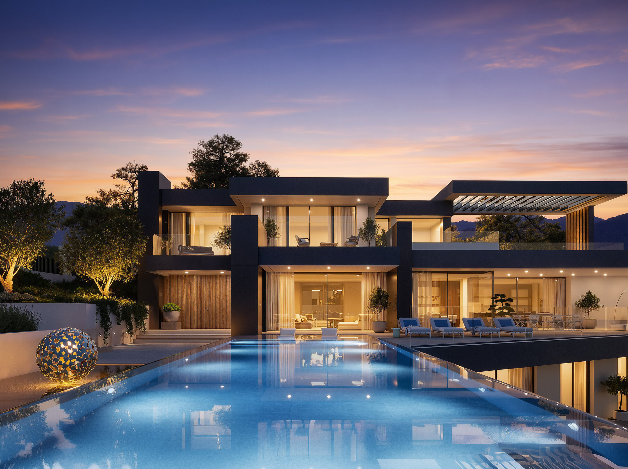 Main pool frontage of Villa Alegría with expansive glazing, open terraces and a cinematic dusk atmosphere