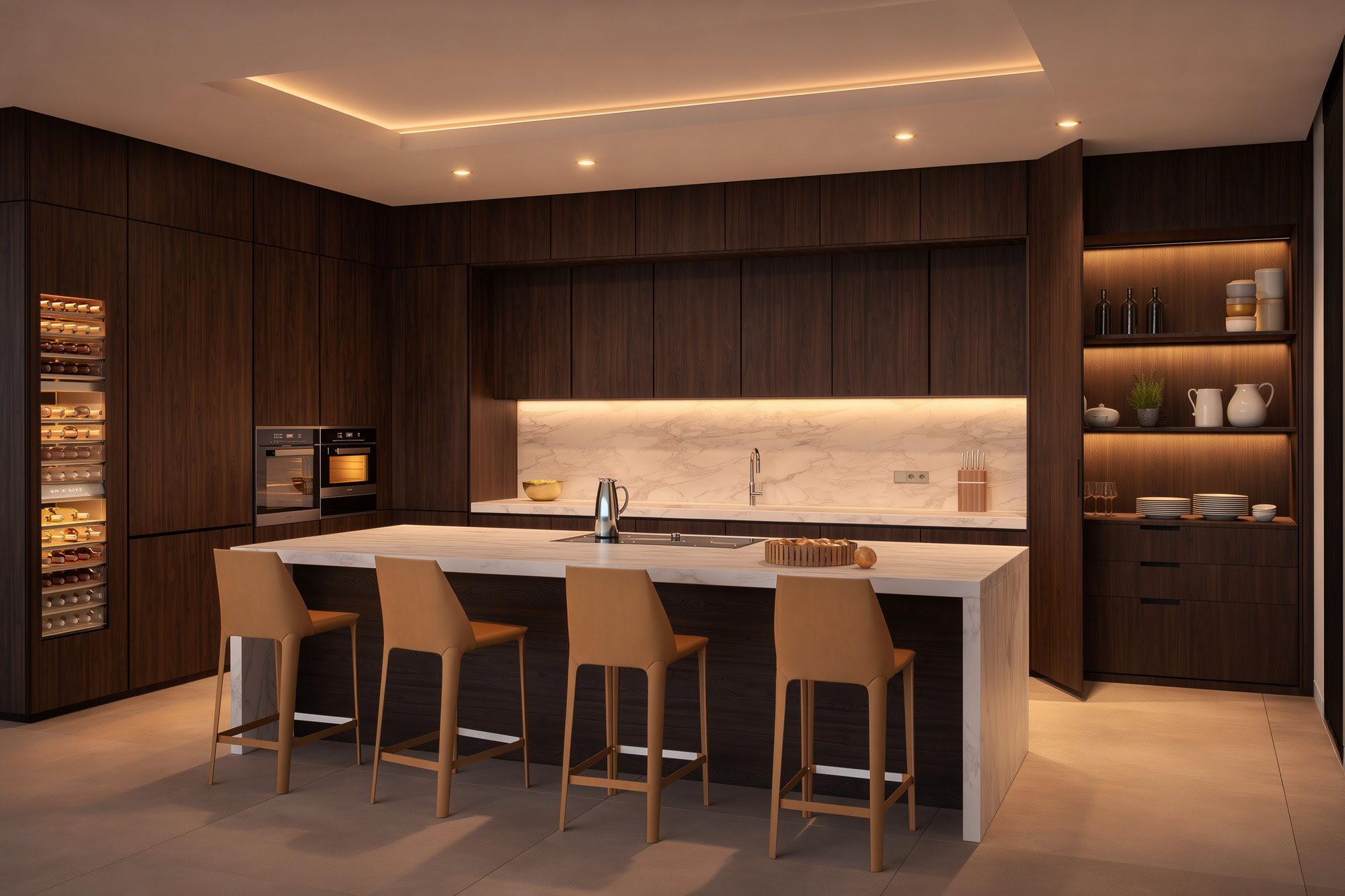 Designer kitchen at Villa Alegría with integrated dark cabinetry, marble island and soft architectural lighting