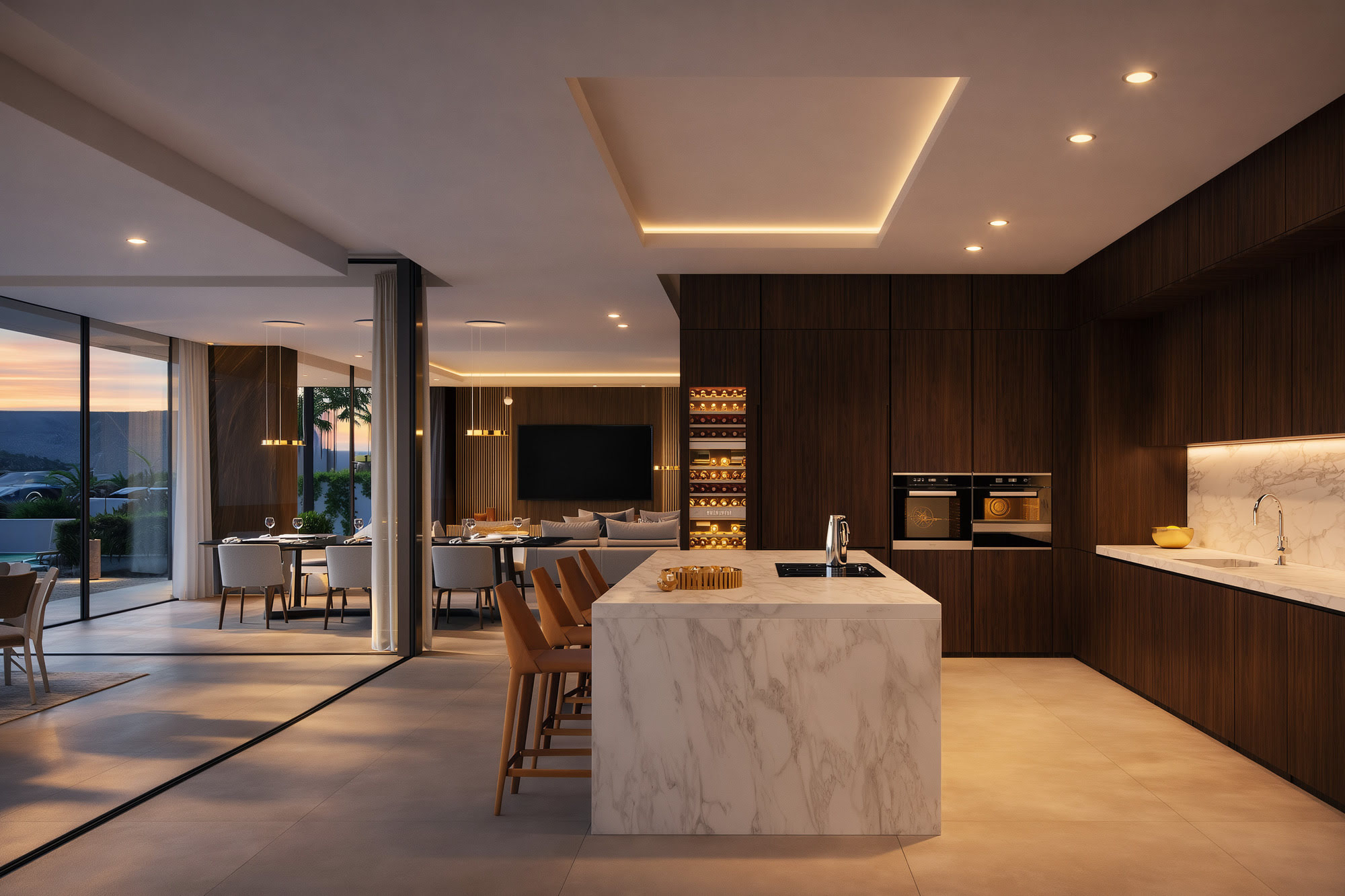 Open kitchen and living sequence at Villa Alegría with sculptural marble island and continuity to the outdoor terrace