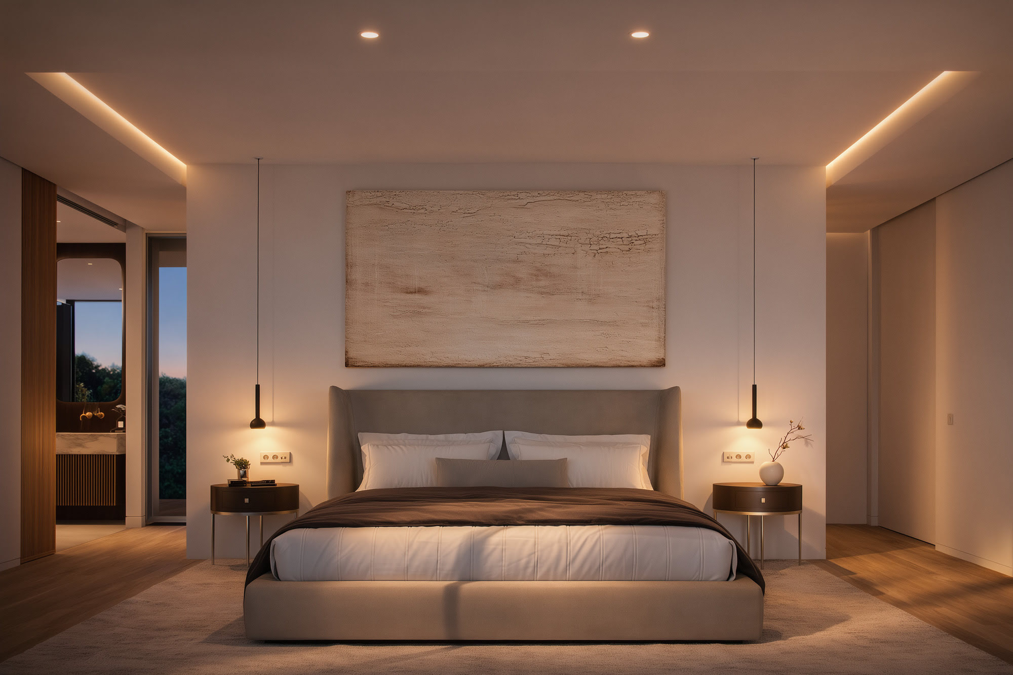 Master bedroom at Villa Alegría with serene lighting, framed bed composition and a calm luxury atmosphere