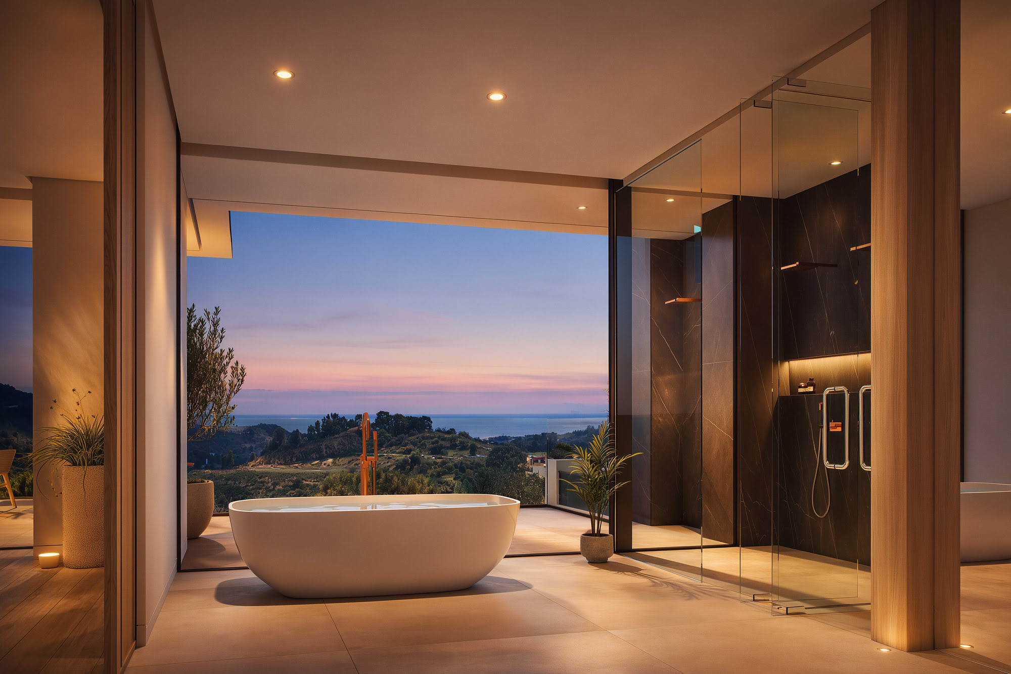Spa-style bathroom at Villa Alegría with freestanding bathtub, panoramic glazing and sunset views over the landscape