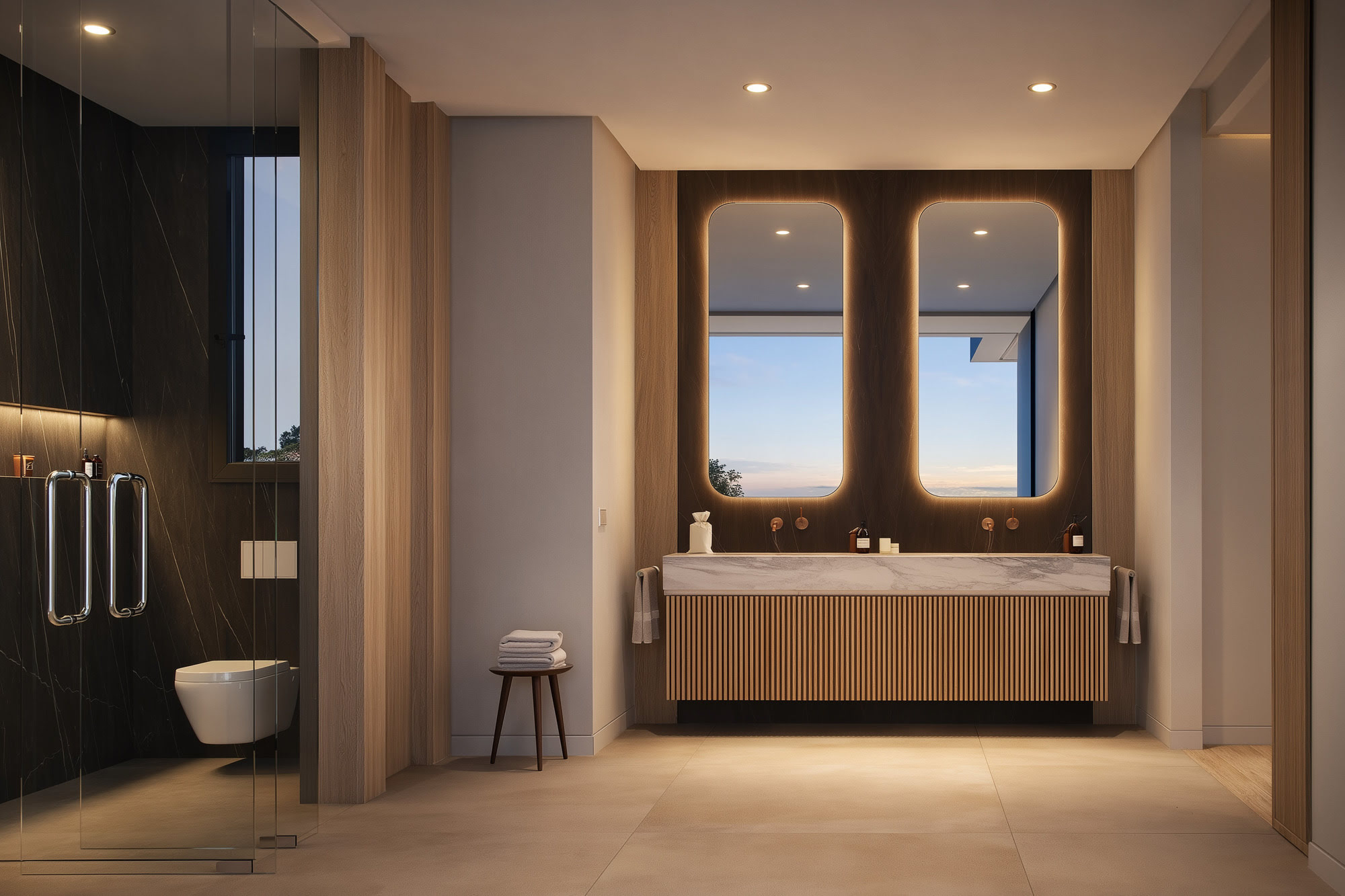 Luxury bathroom vanity at Villa Alegría with bespoke joinery, stone surfaces and warm ambient lighting