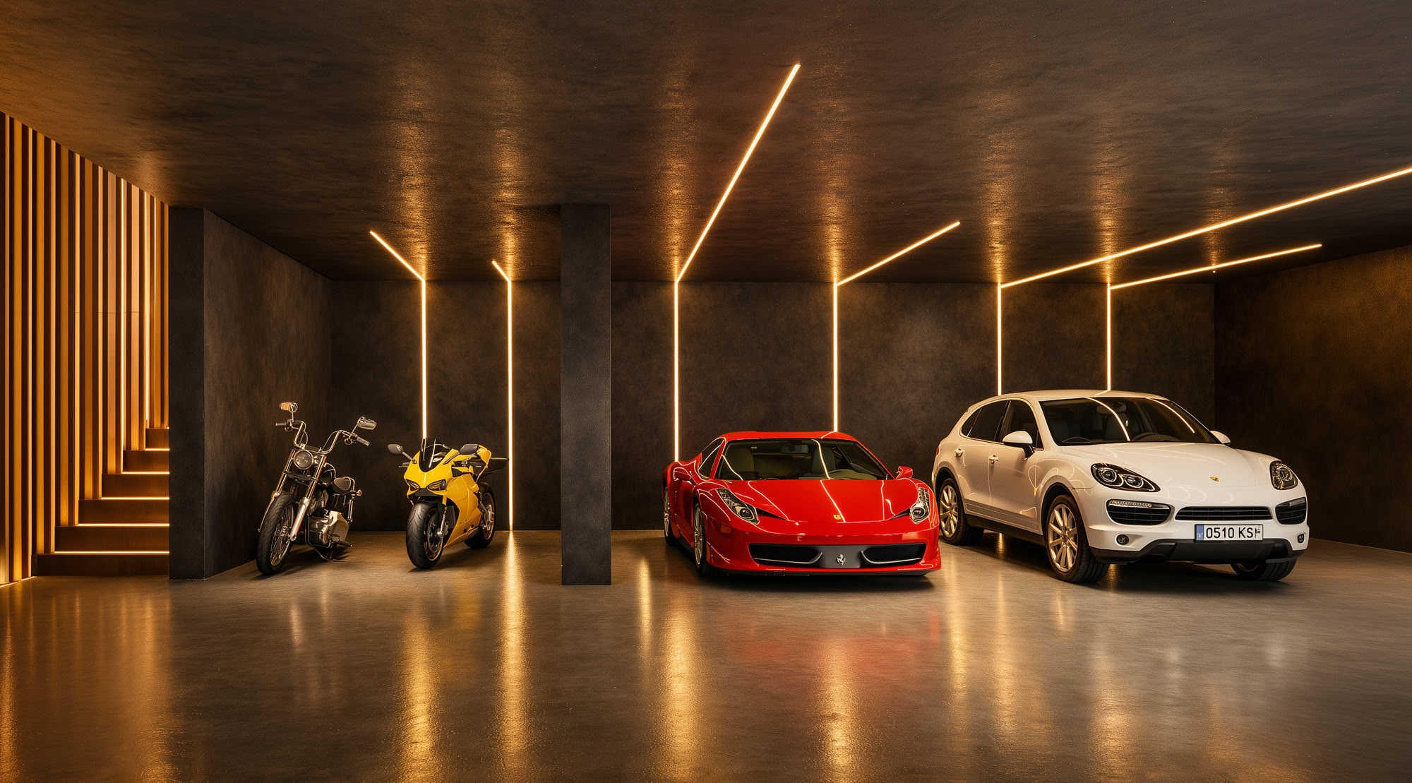 Private garage at Villa Alegría with luxury sports cars, dark timber ceiling and premium residential detailing