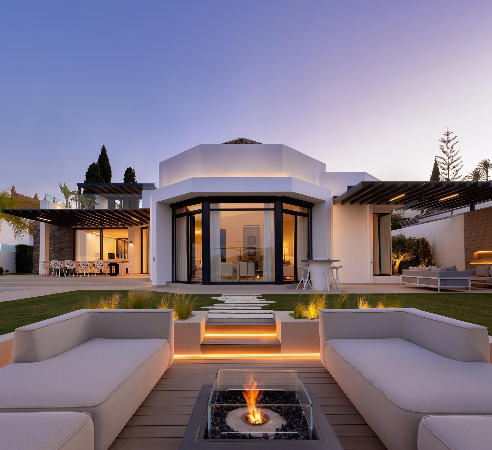 Twilight frontal terrace view of Villa Aquila with sunken lounge, fire pit and symmetrical illuminated façade