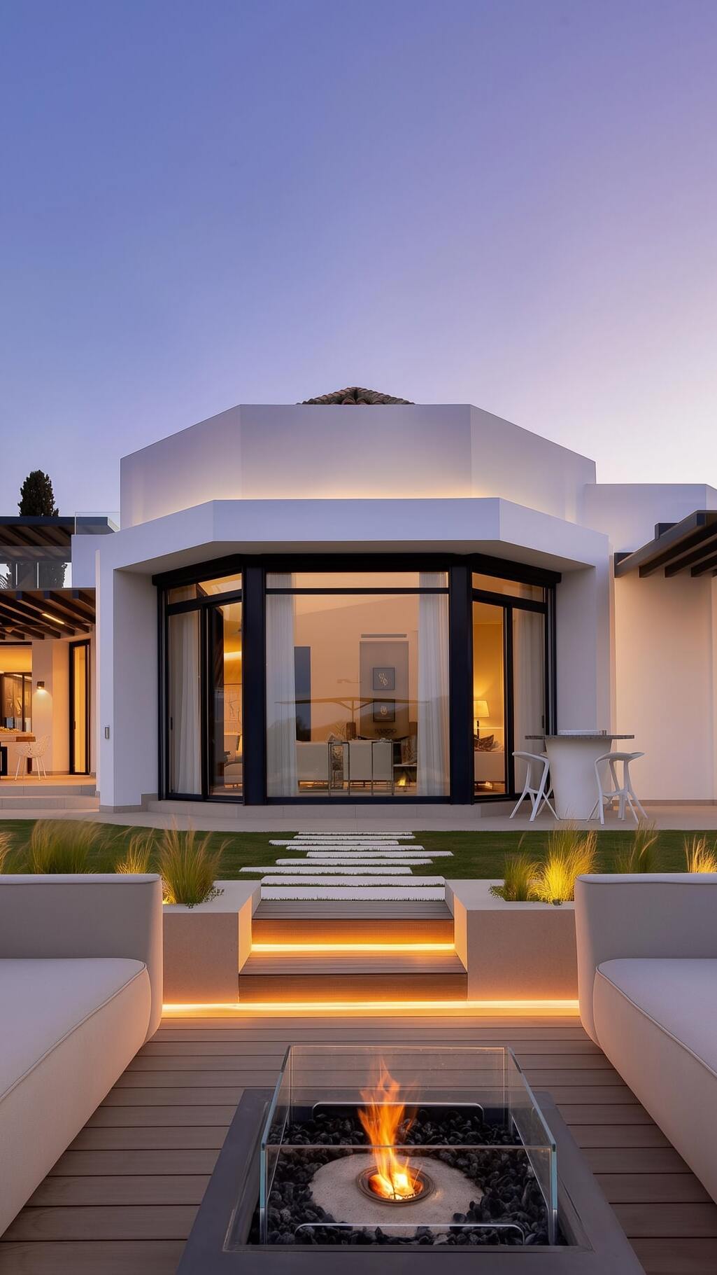 Vertical twilight composition of Villa Aquila highlighting fire pit lounge, pool edge and central entrance axis