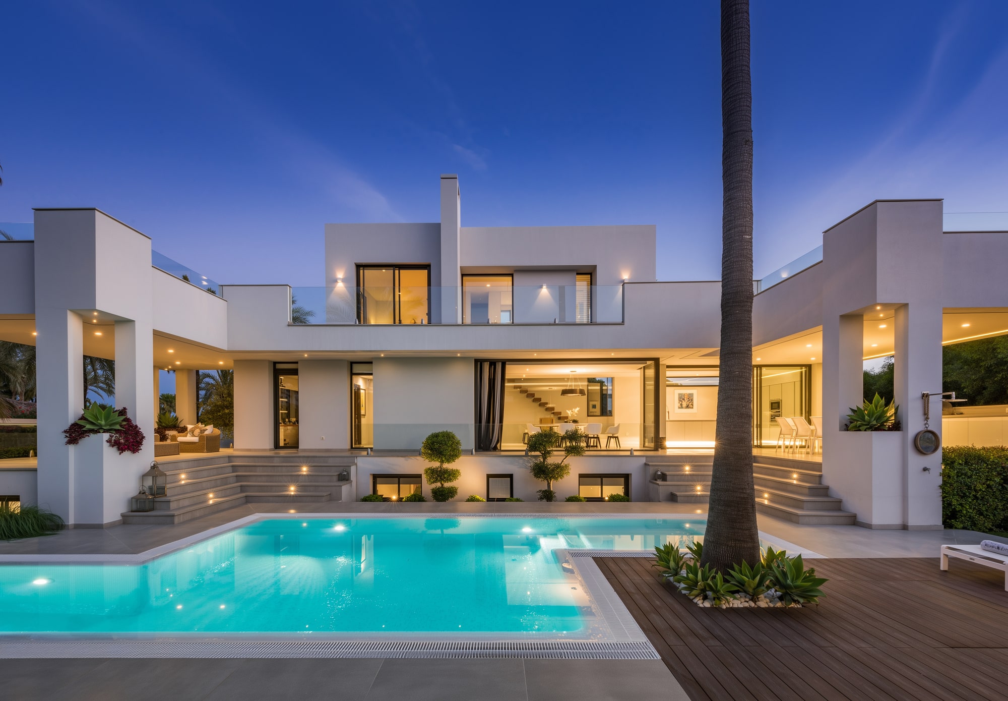 Central courtyard view of Villa Australia with illuminated pool, open living areas and balanced Mediterranean composition