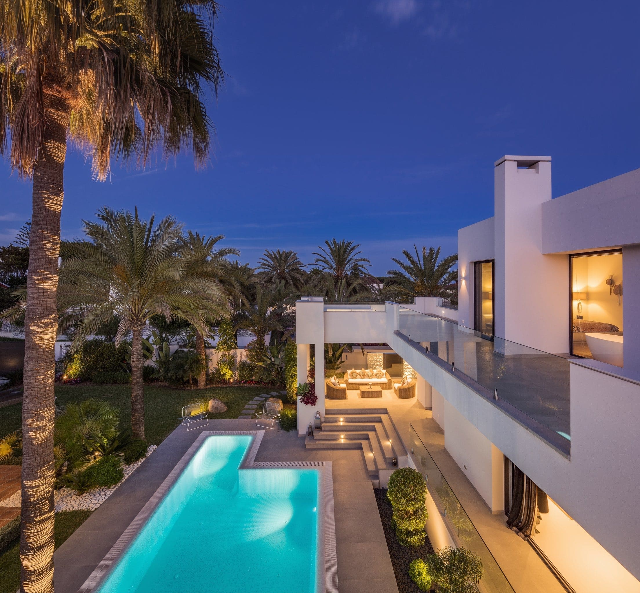 Blue-hour exterior angle of Villa Australia showing layered terraces, long pool and palm-lined night atmosphere
