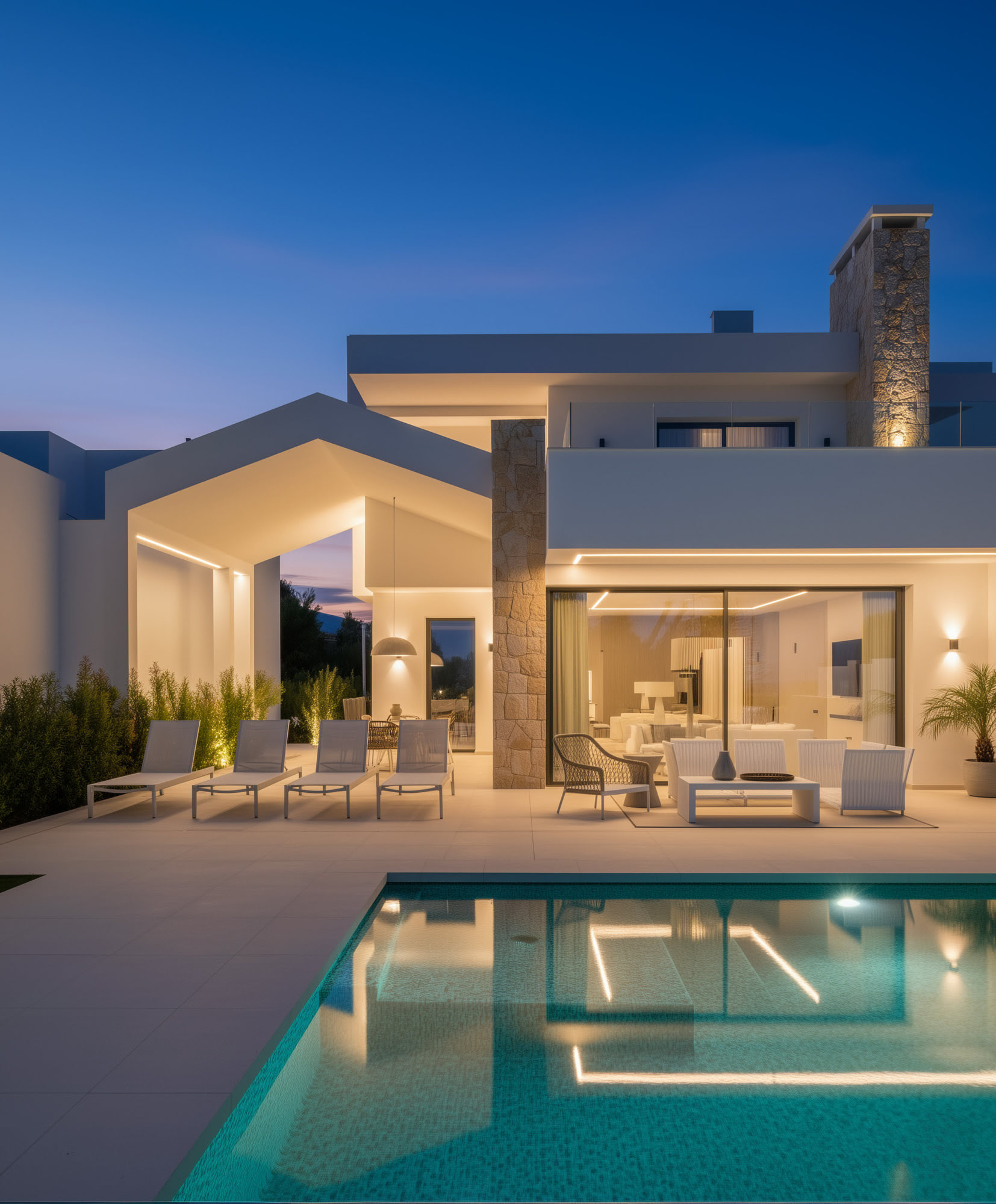Luxury villa exterior with clean white volumes and outdoor living area