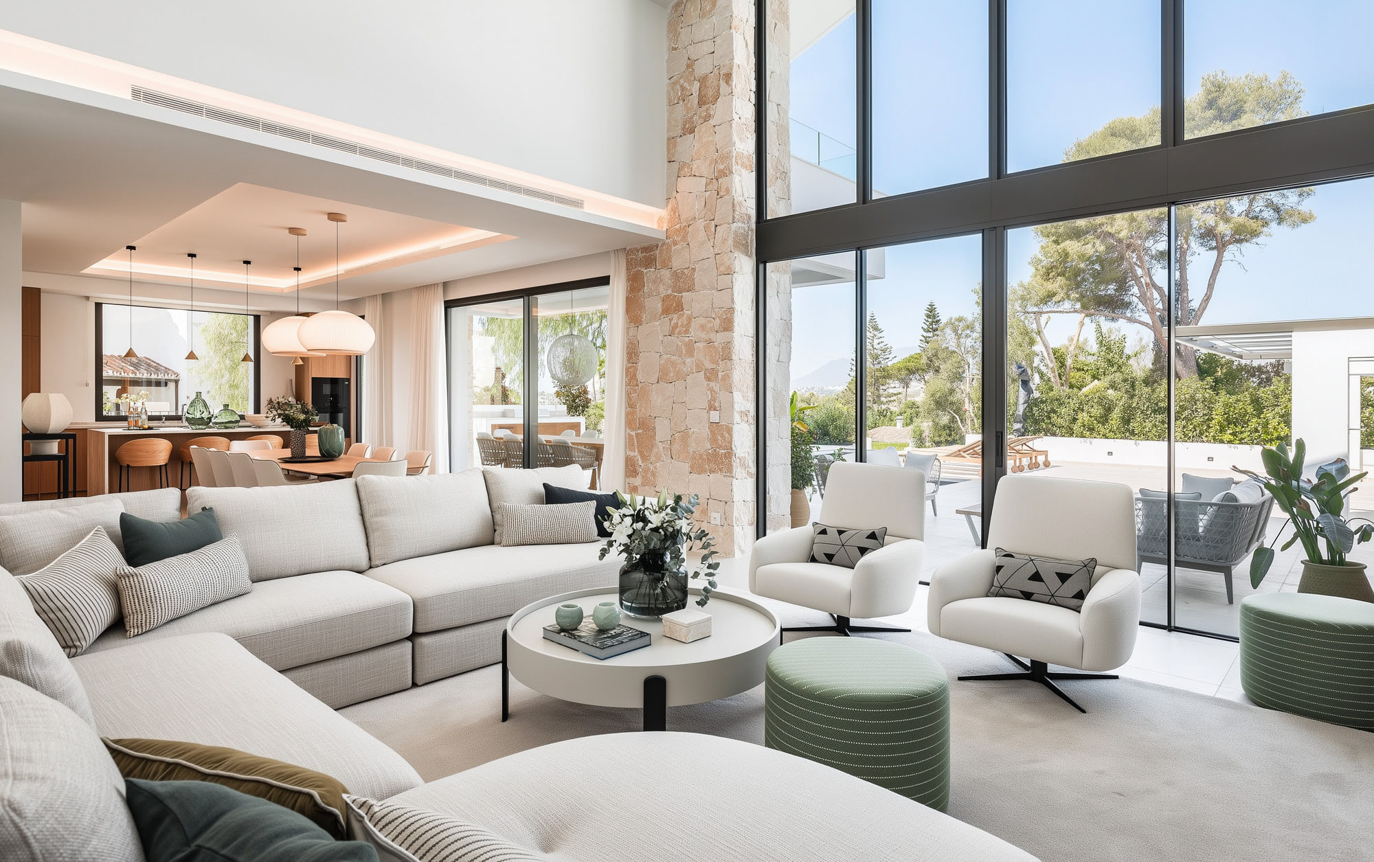 Contemporary living area with soft materials and natural light