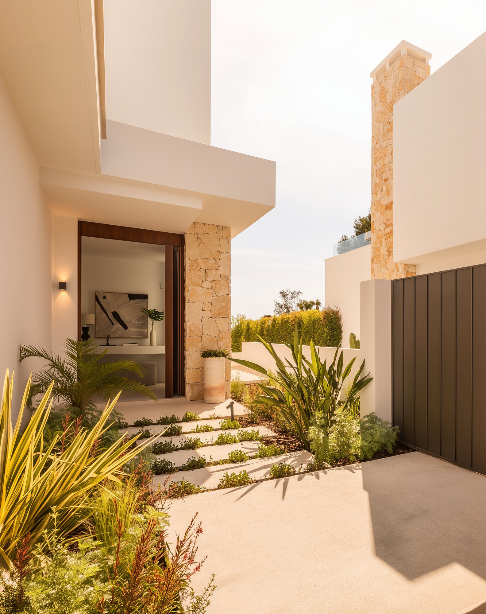 Exterior staircase leading to the villa entrance with landscaped surroundings