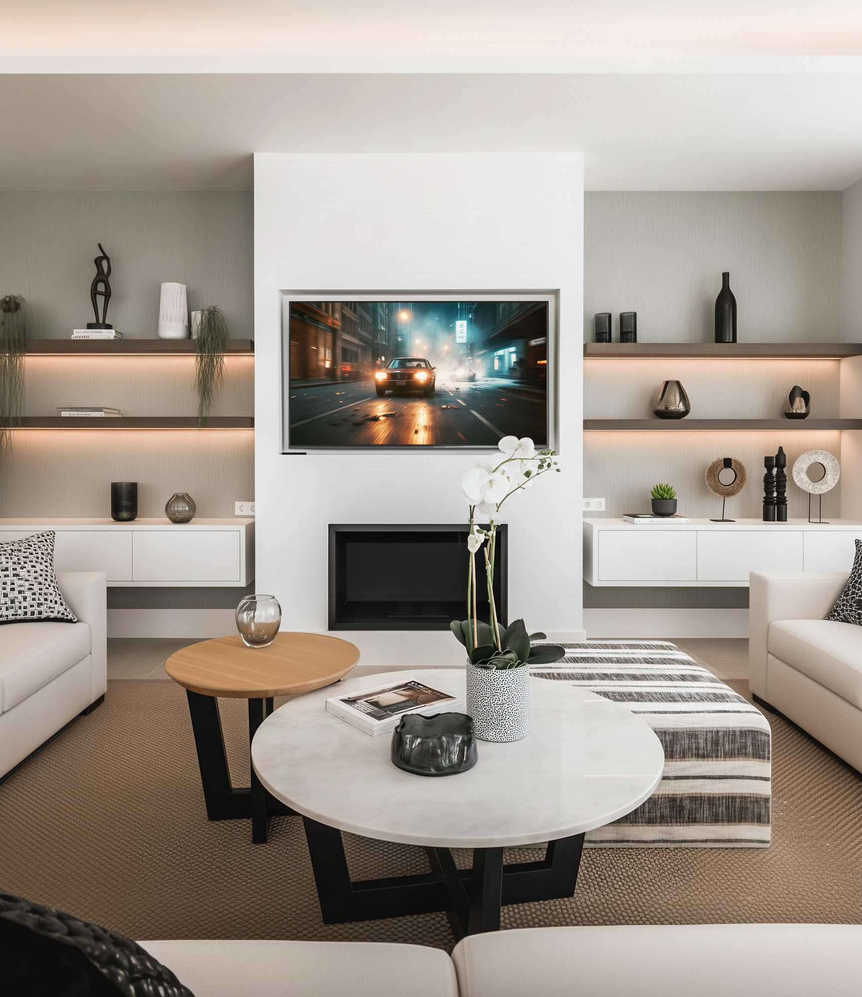 Interior living room with shelving wall and fireplace composition