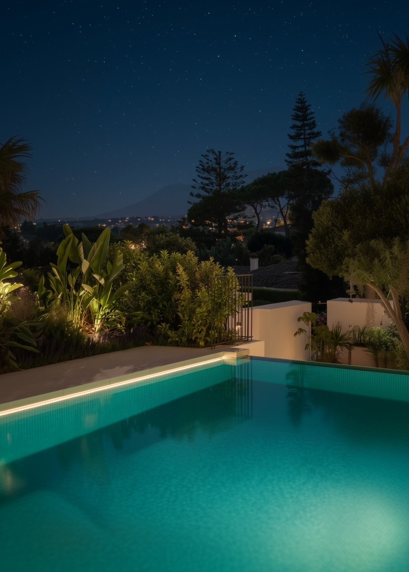 Pool and garden illuminated at night creating a calm atmosphere