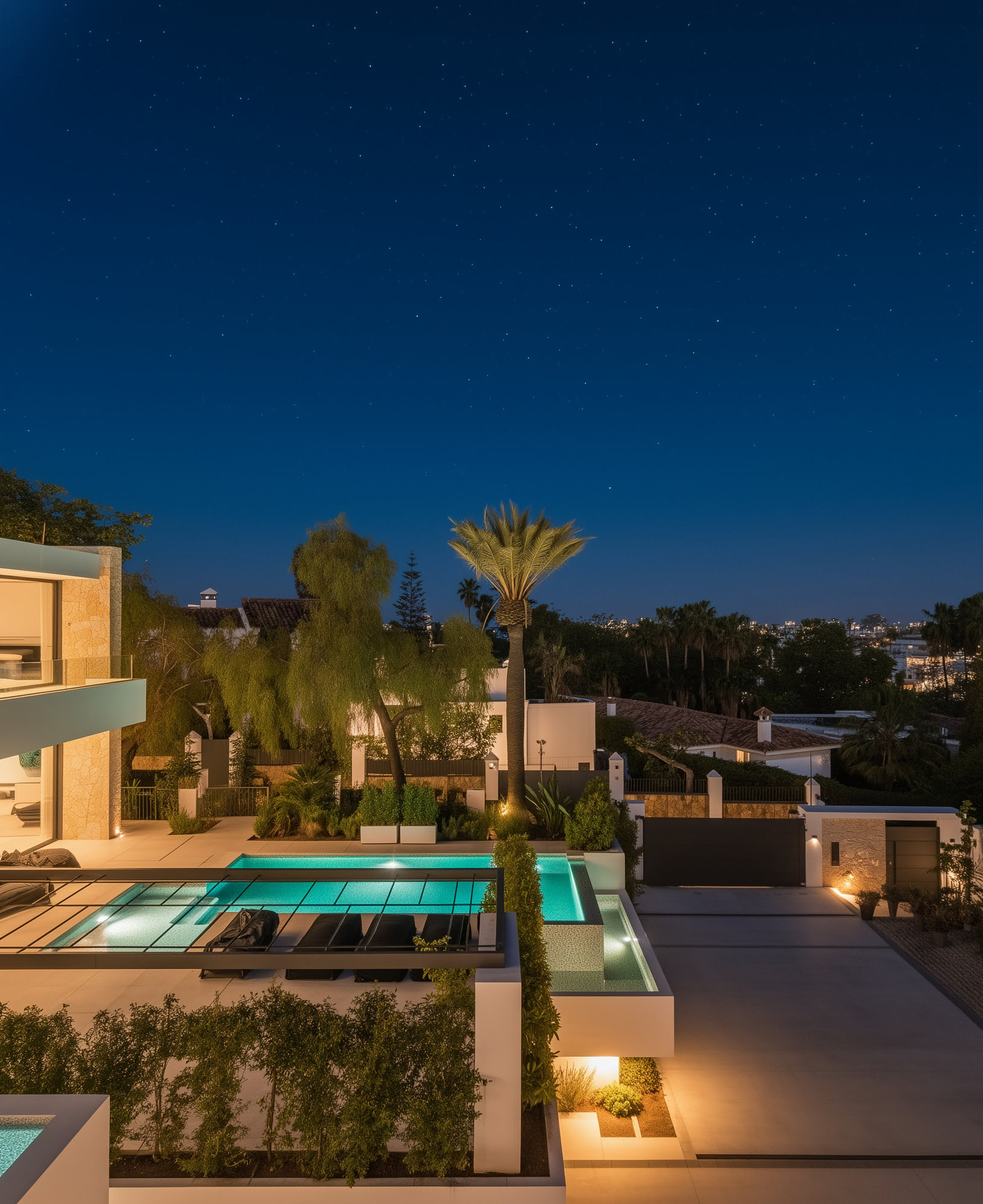 Night aerial showing the villas and swimming pools illuminated