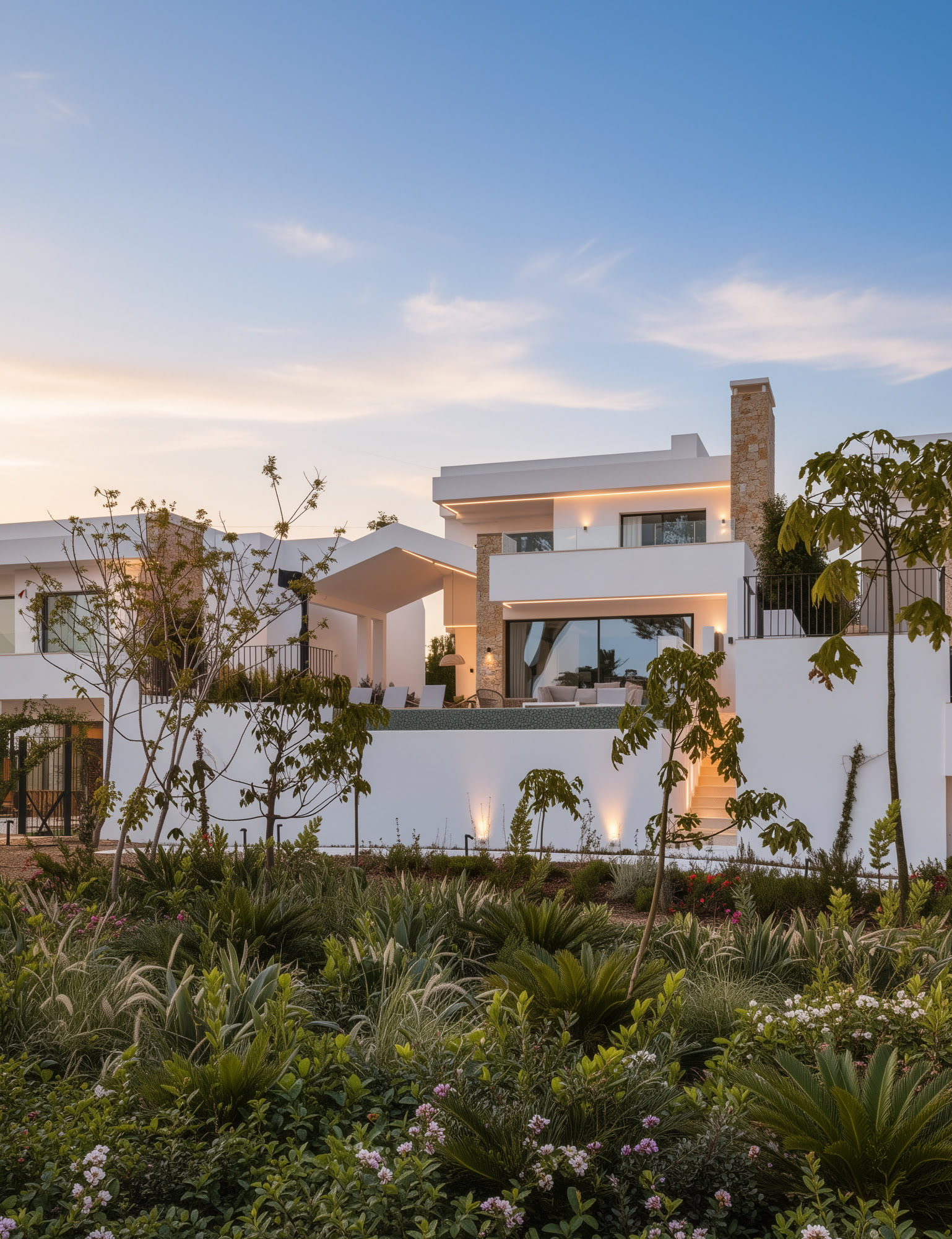 Contemporary villa surrounded by trees in late afternoon light