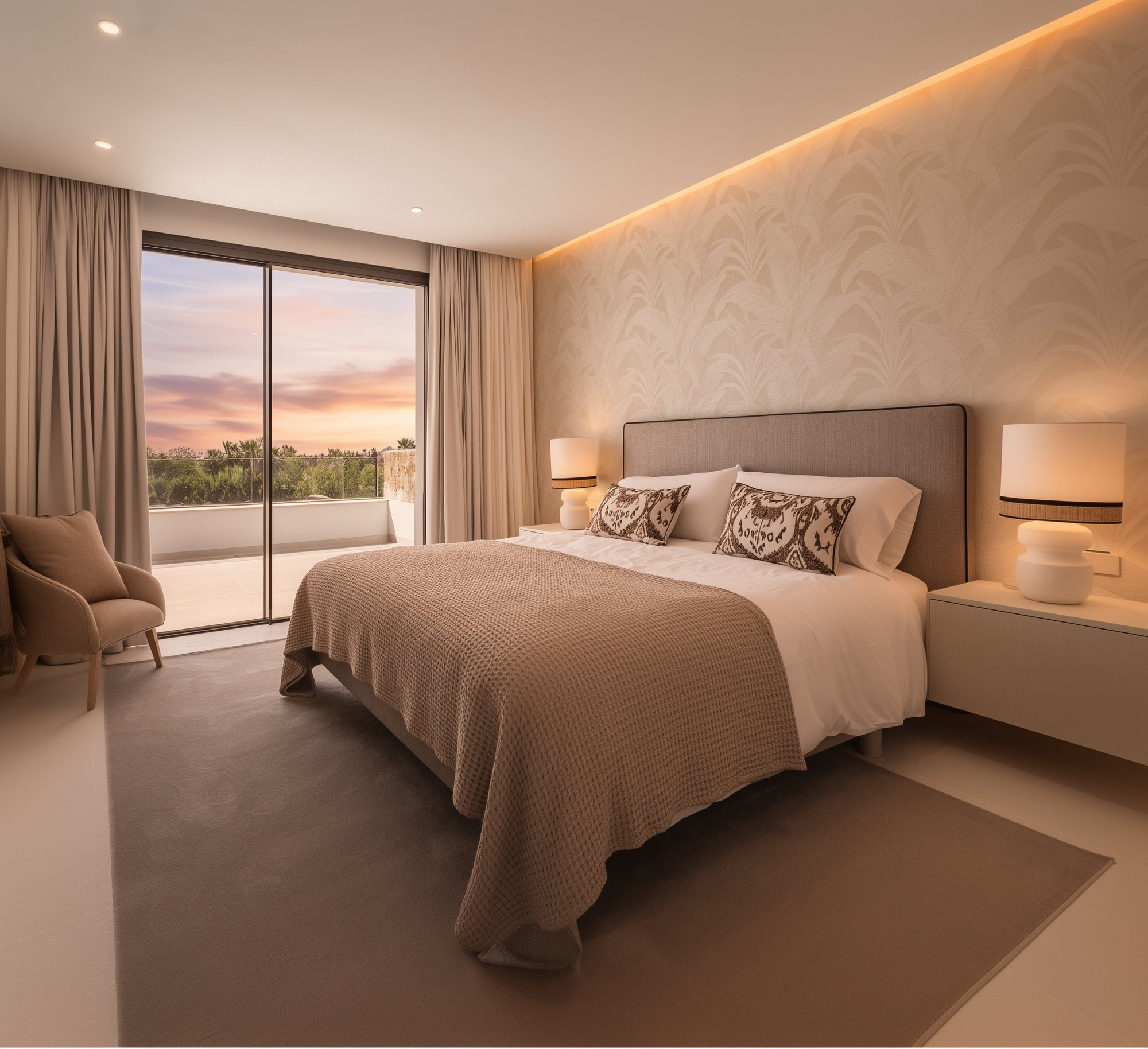 Bedroom with recessed ceiling lighting and minimalist furniture