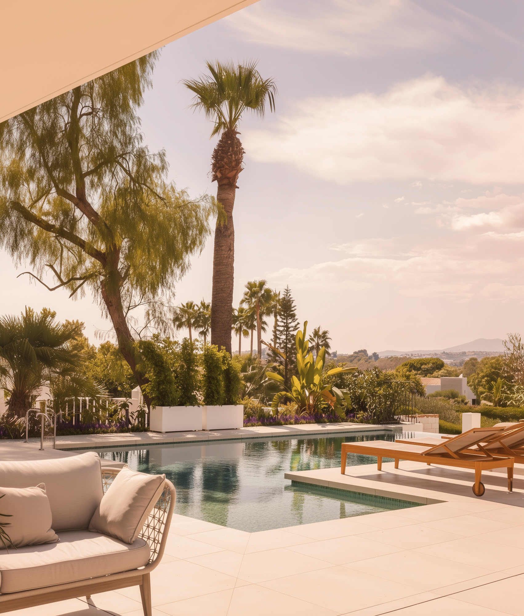 Terrace lounge with palm trees and pool in the foreground