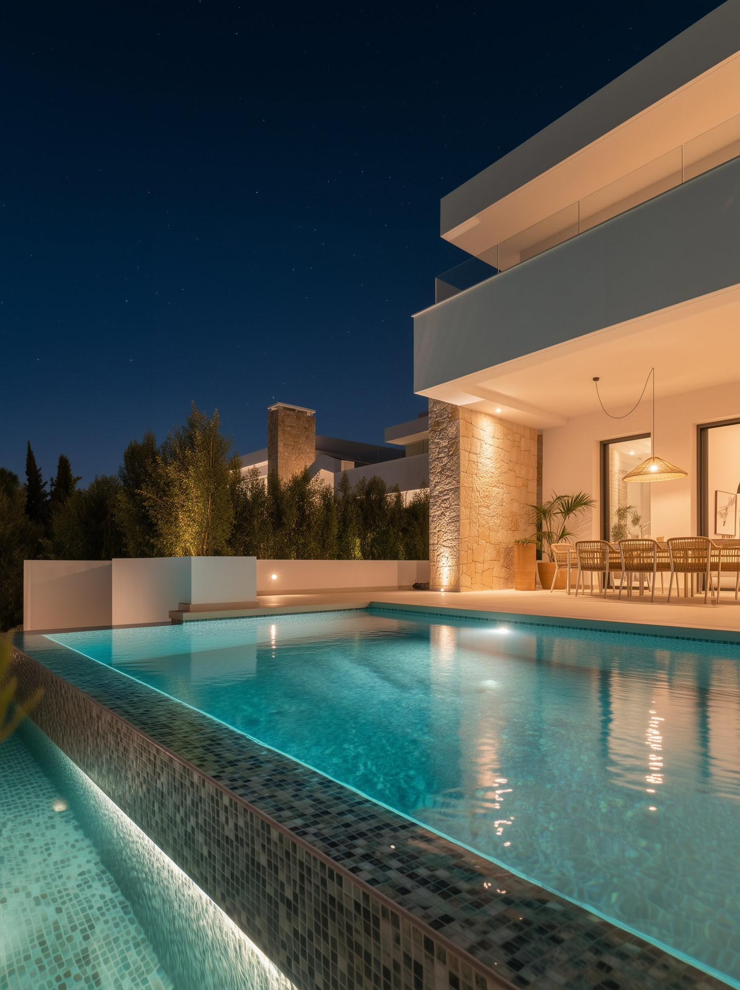 Infinity pool edge reflecting the contemporary architecture