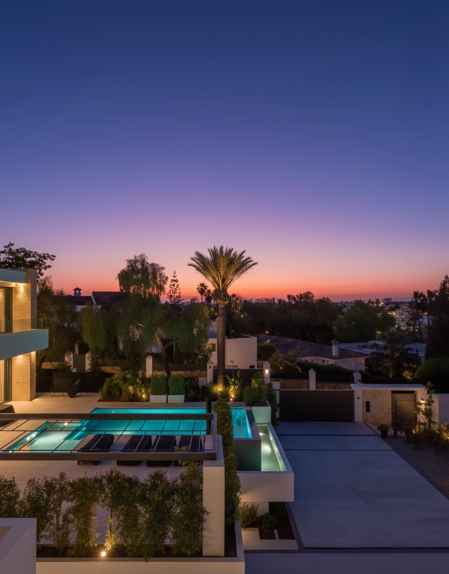 Twilight aerial view of the residential development