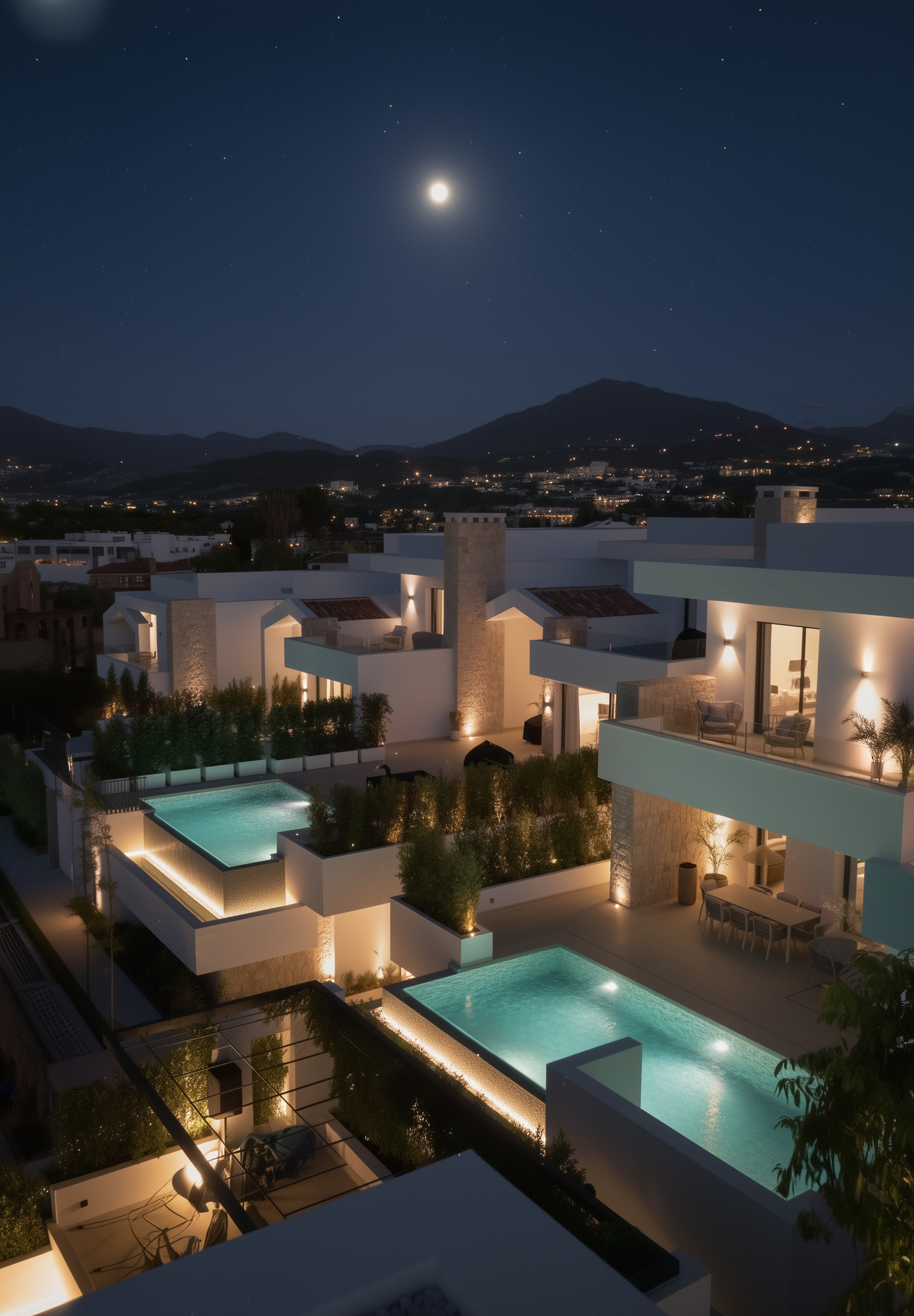 Moonlit view of the residential complex with illuminated terraces