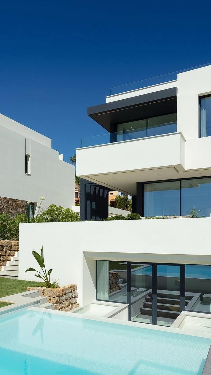 Vertical crop of the pool façade at BELFRY emphasizing terraces, glazing and crisp residential proportions