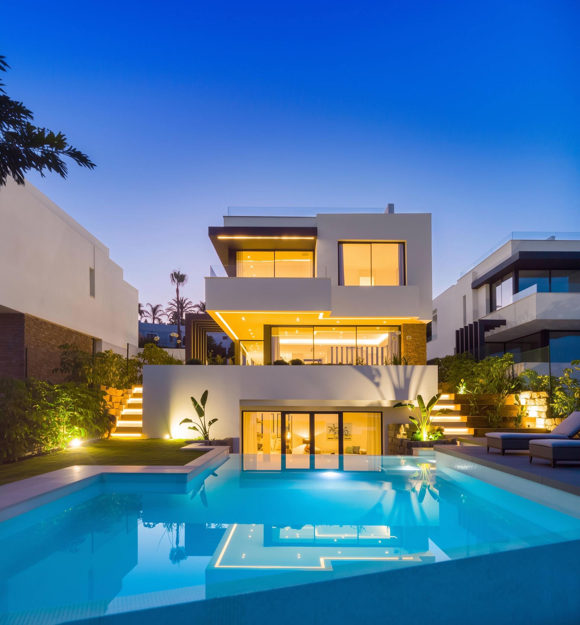 Twilight rear façade of a BELFRY villa with illuminated pool, terraces and warm interior light composition