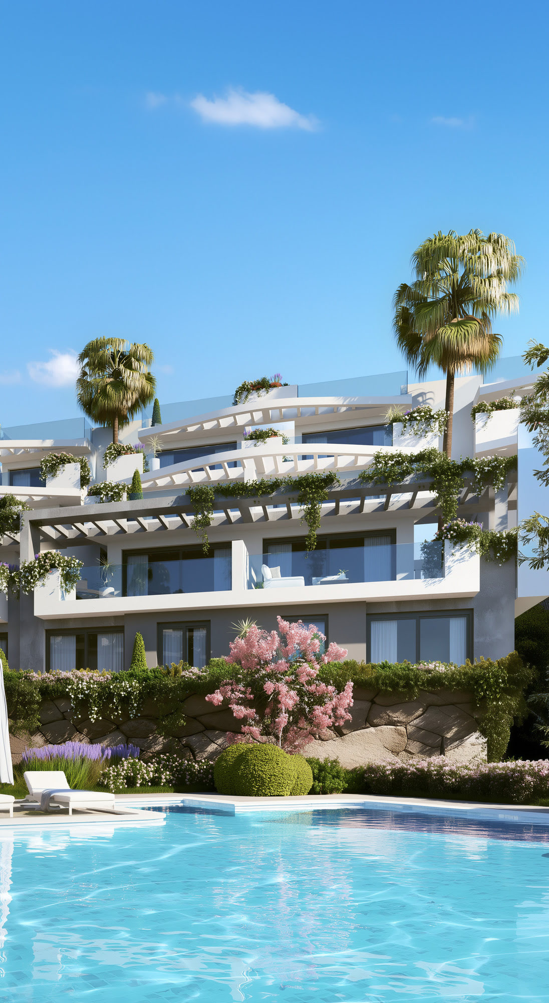 Vertical poolside view of CALASOL with private terraces, stepped façades and Mediterranean planting