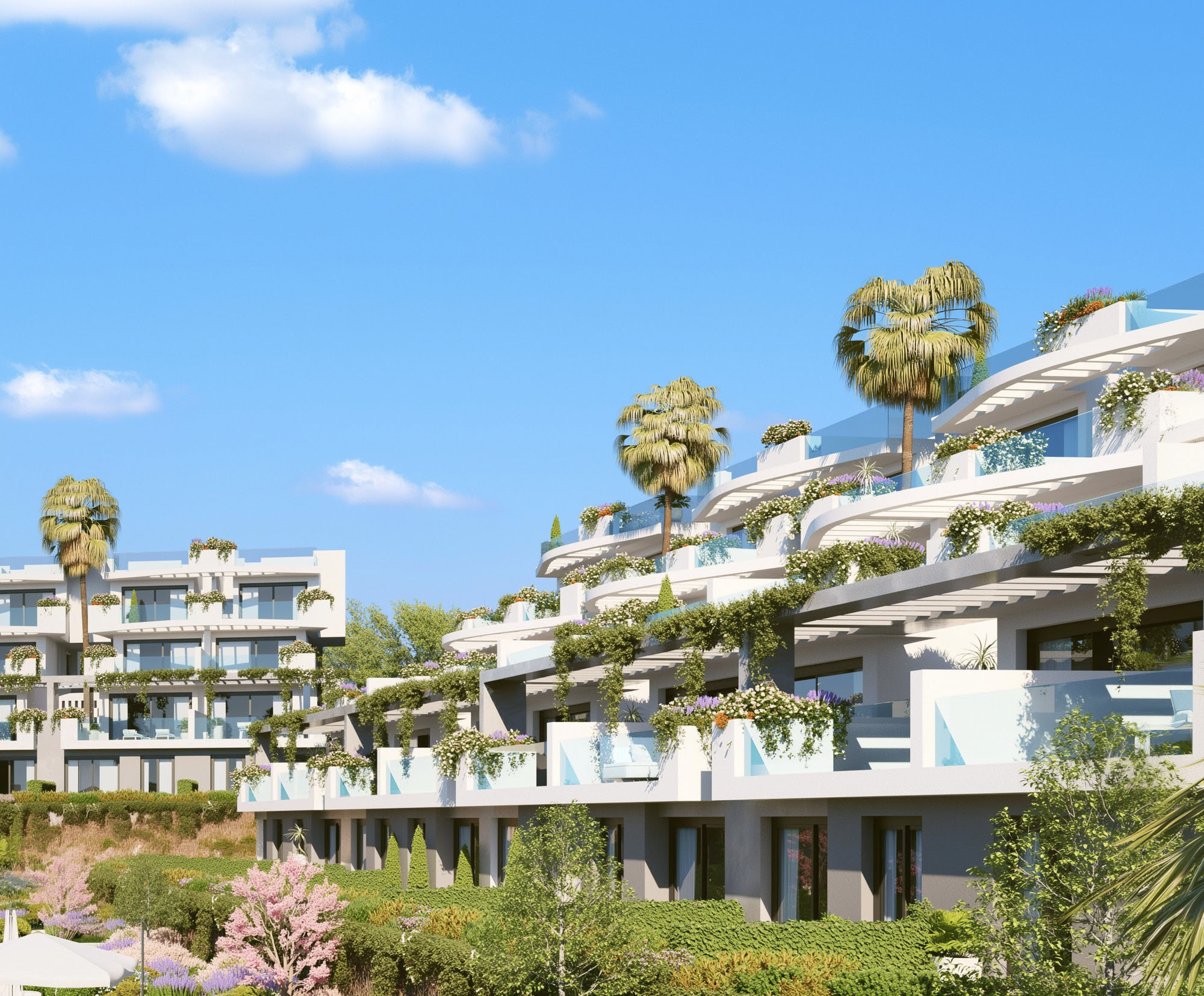 Exterior perspective of CALASOL showing stepped façades, pergolas and landscaped communal gardens under Mediterranean light