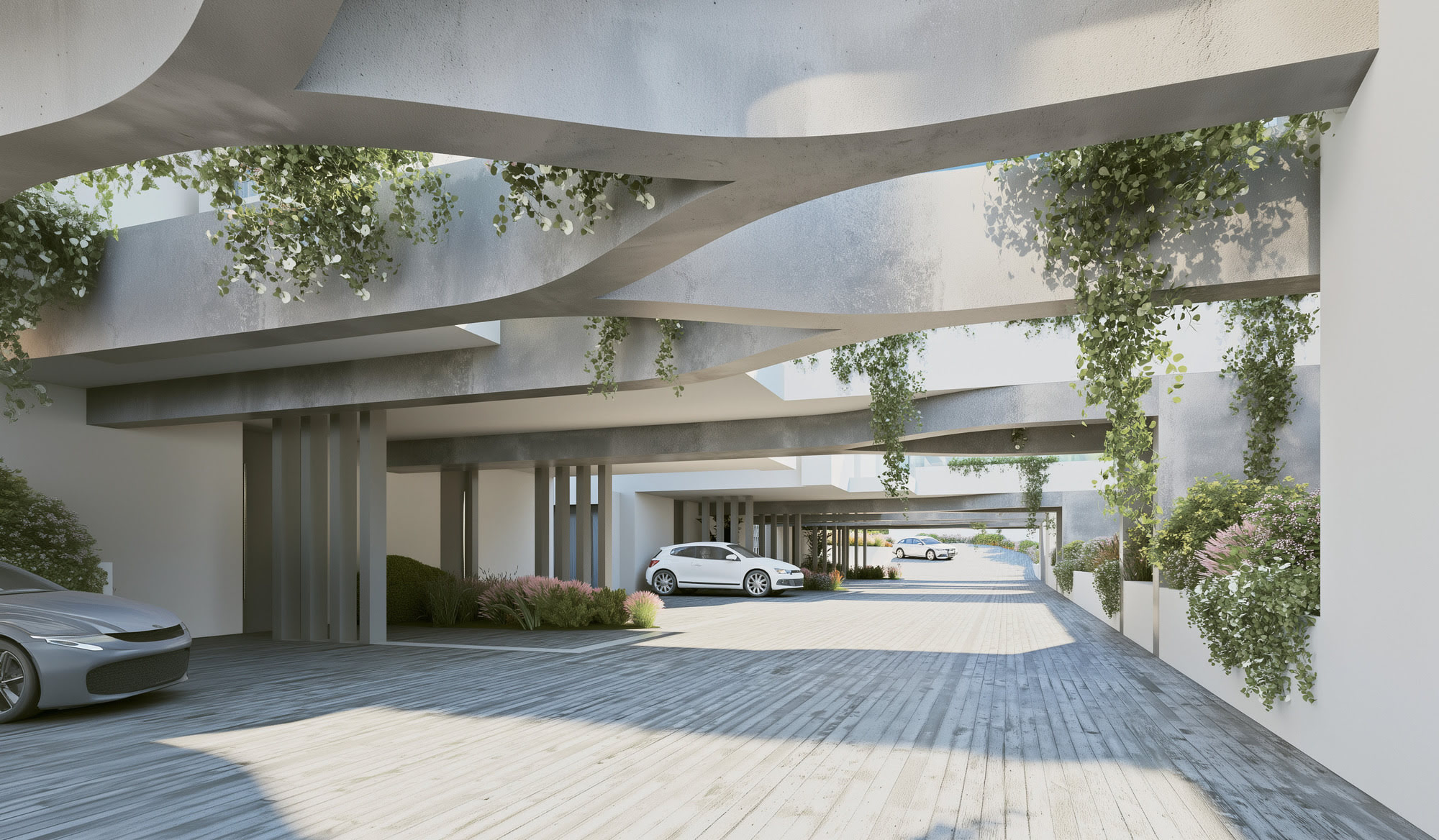 Covered entrance courtyard at CALASOL with sculptural pergola, filtered light and calm arrival sequence