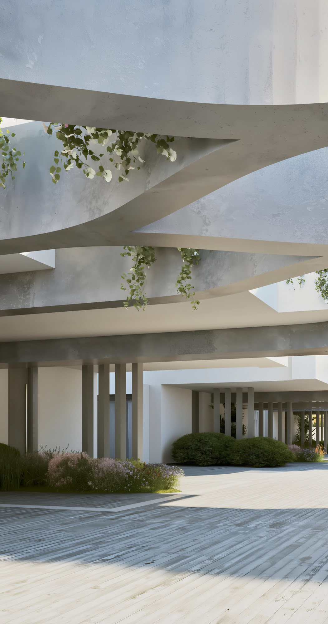 Vertical entrance view of CALASOL highlighting pergola geometry, hanging greenery and contemporary access design