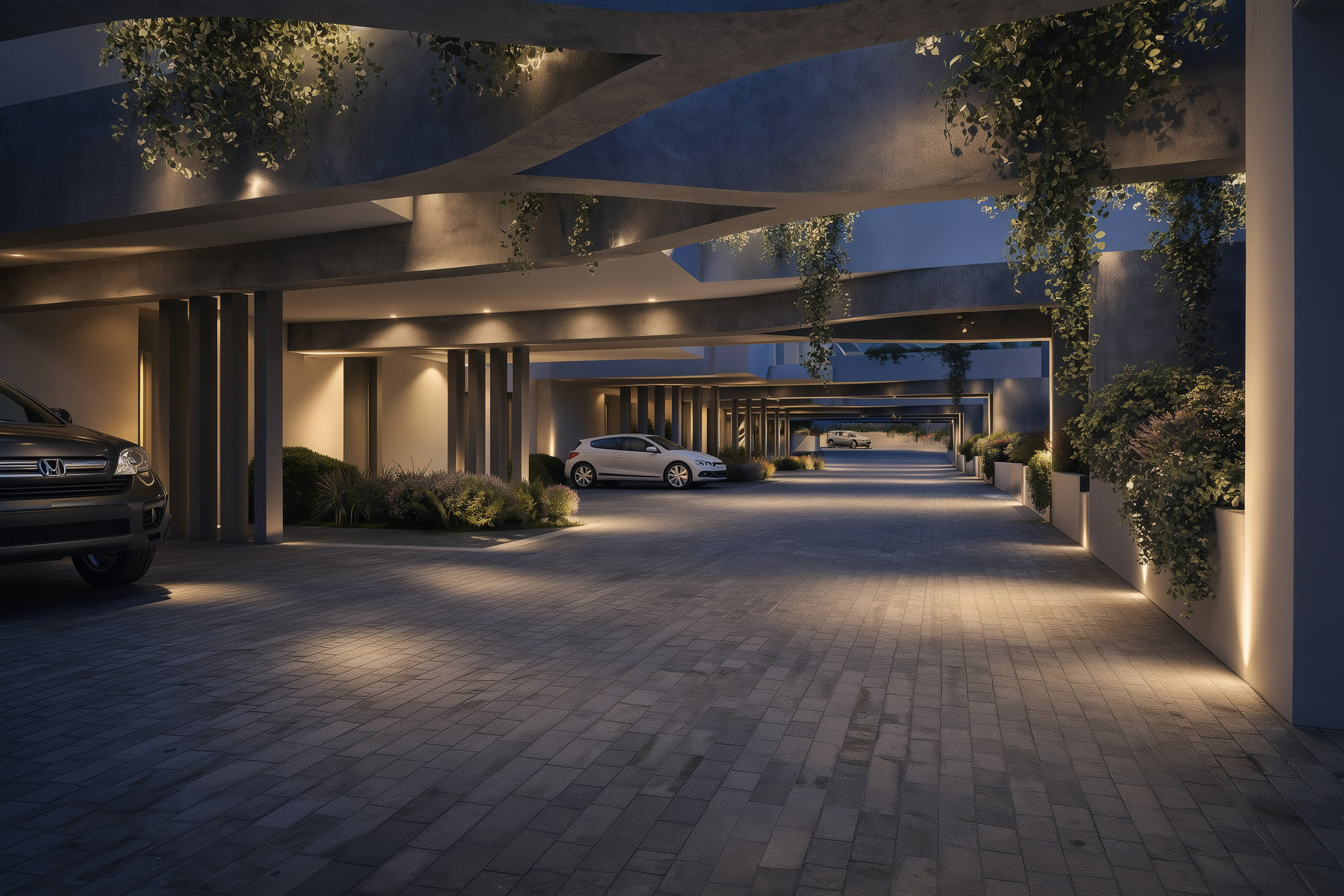 Evening access court at CALASOL with integrated lighting, textured paving and sheltered vehicular arrival