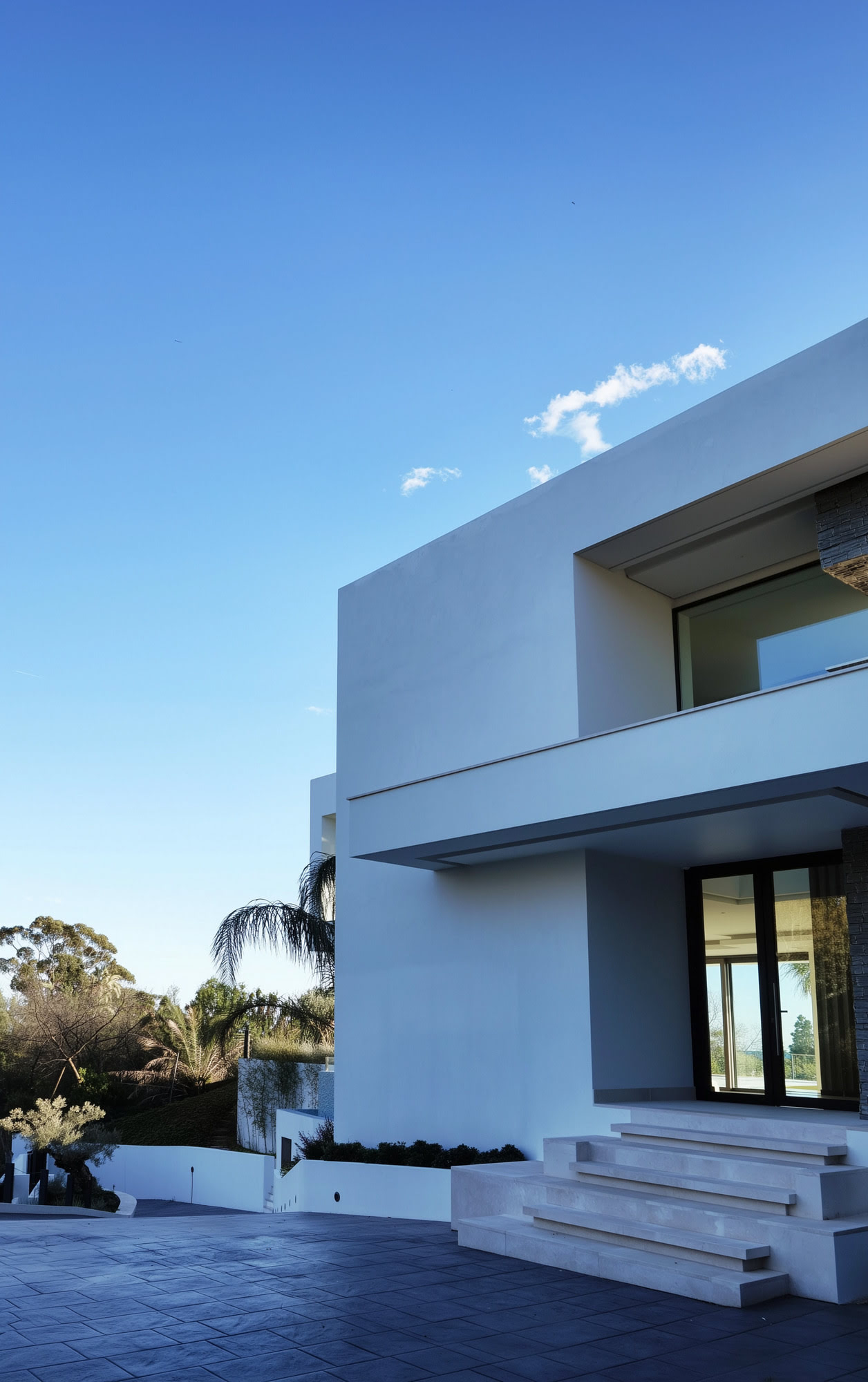 Villa Casalina side façade with crisp white geometry, recessed glazing and sculpted entrance steps