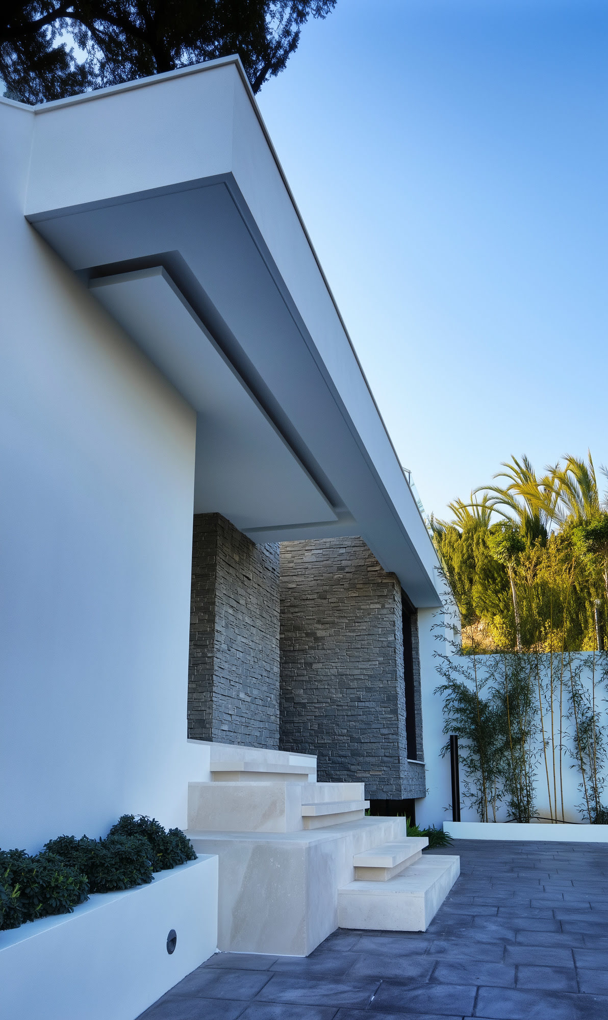 Villa Casalina architectural detail of white cantilever and sculptural entrance courtyard