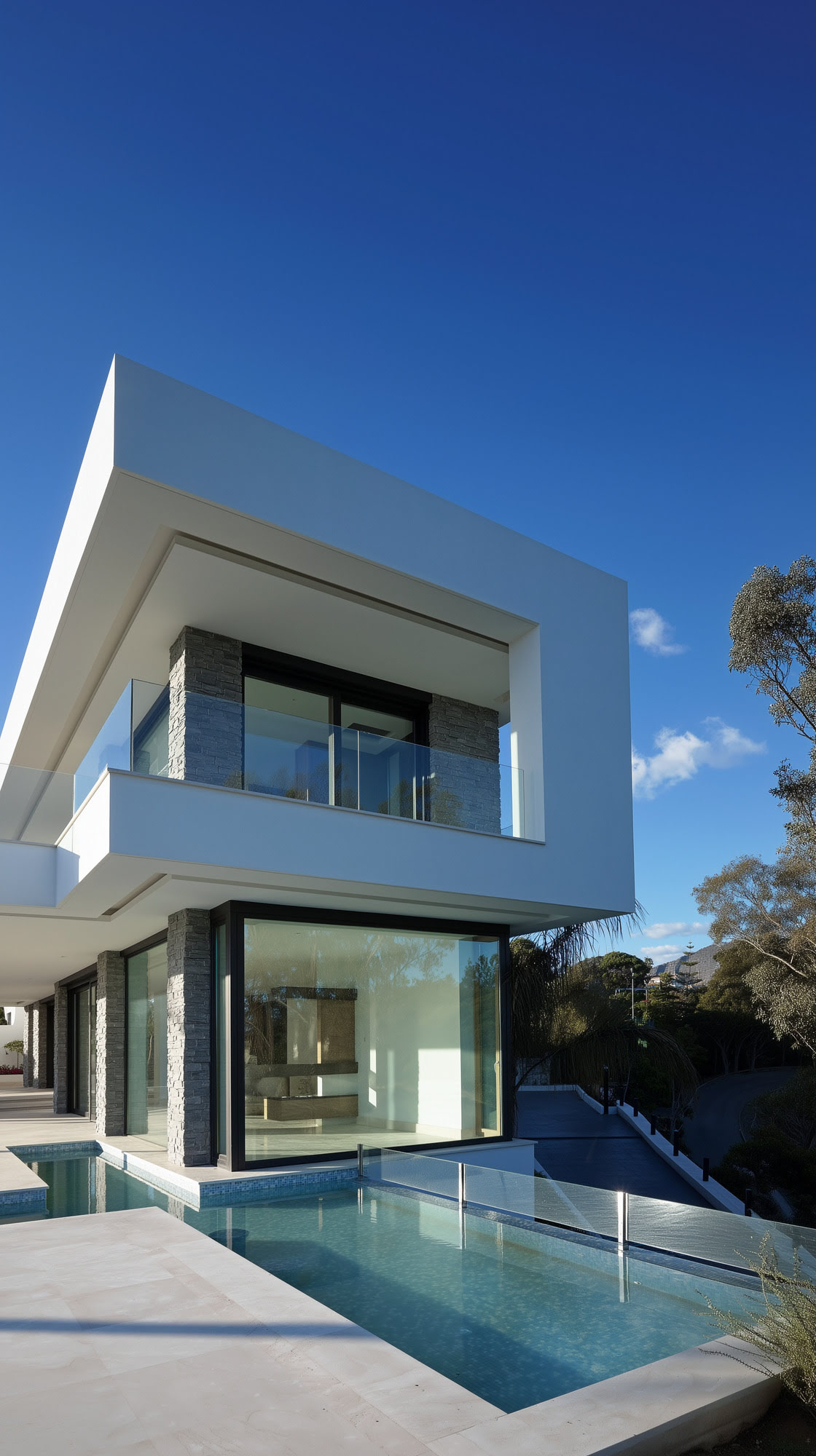 Villa Casalina corner pool view with elevated volume, stone base and outdoor water edge
