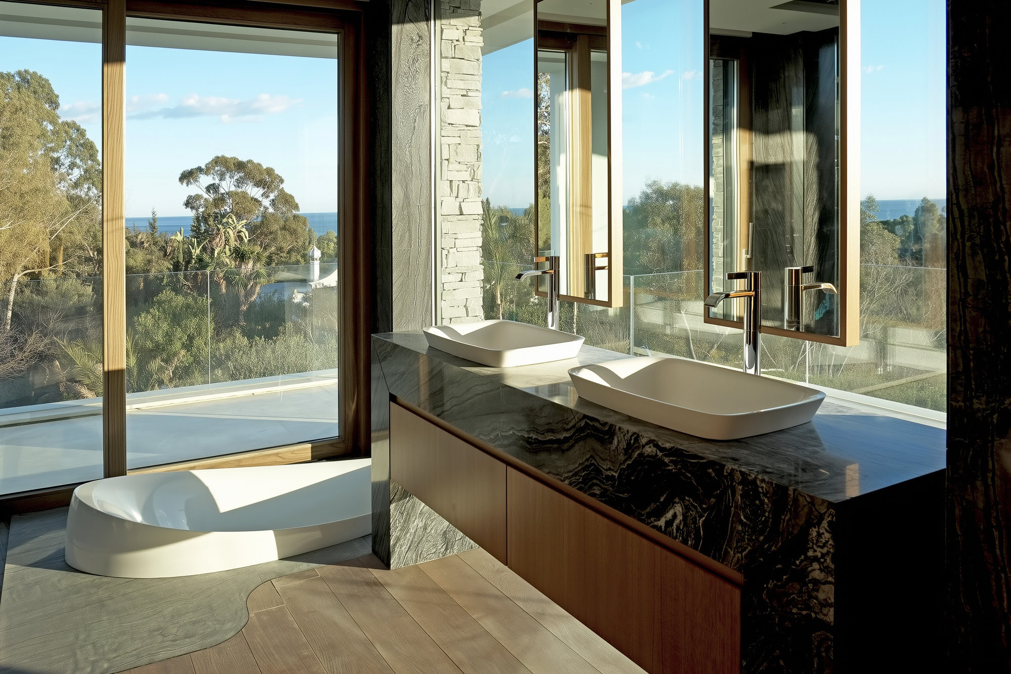 Villa Casalina bathroom interior with panoramic glazing, stone finishes and integrated bespoke vanity