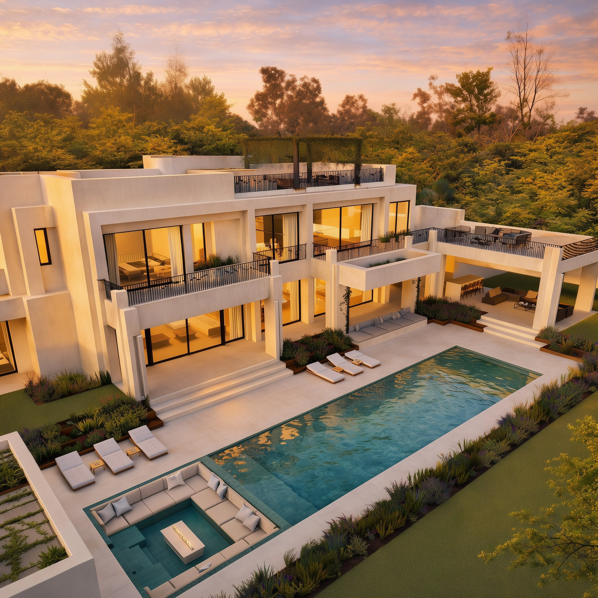 Elevated view of CASASOLA luxury villa in Estepona with large swimming pool, sunken lounge, landscaped garden and balanced Mediterranean architecture